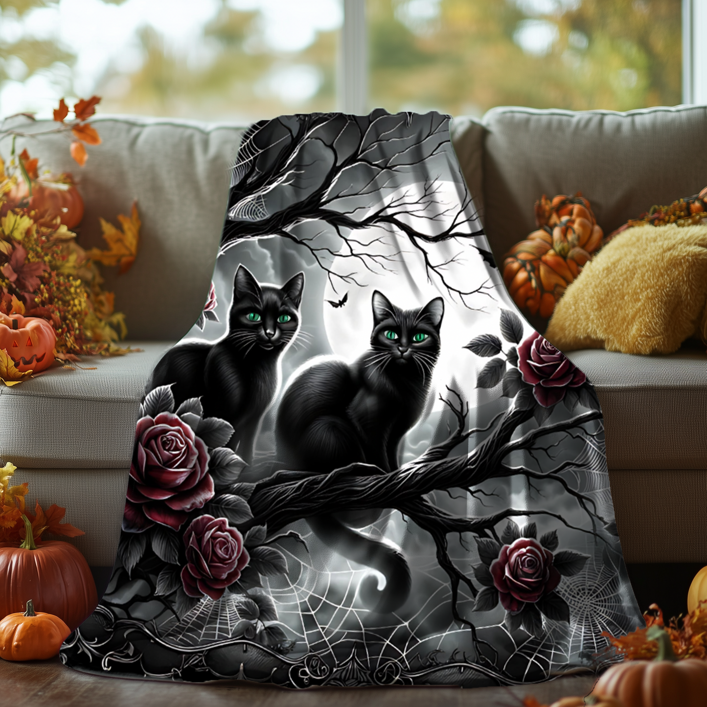 Gothic Black Cats & Roses Velveteen Blanket — Emerald Eyes Moonlit Halloween Throw