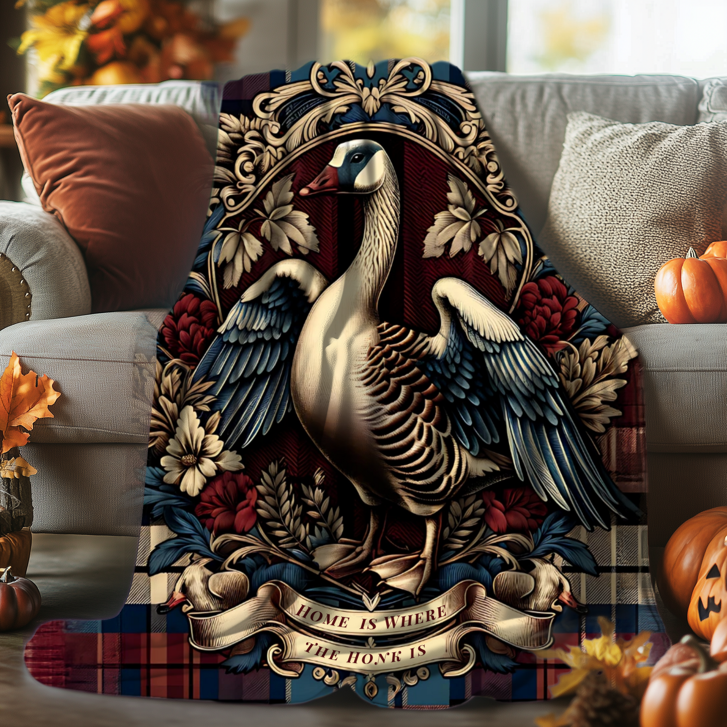 Home is Where the Honk Is Blanket – Rustic Plaid Farmhouse Throw with Vintage Goose Design