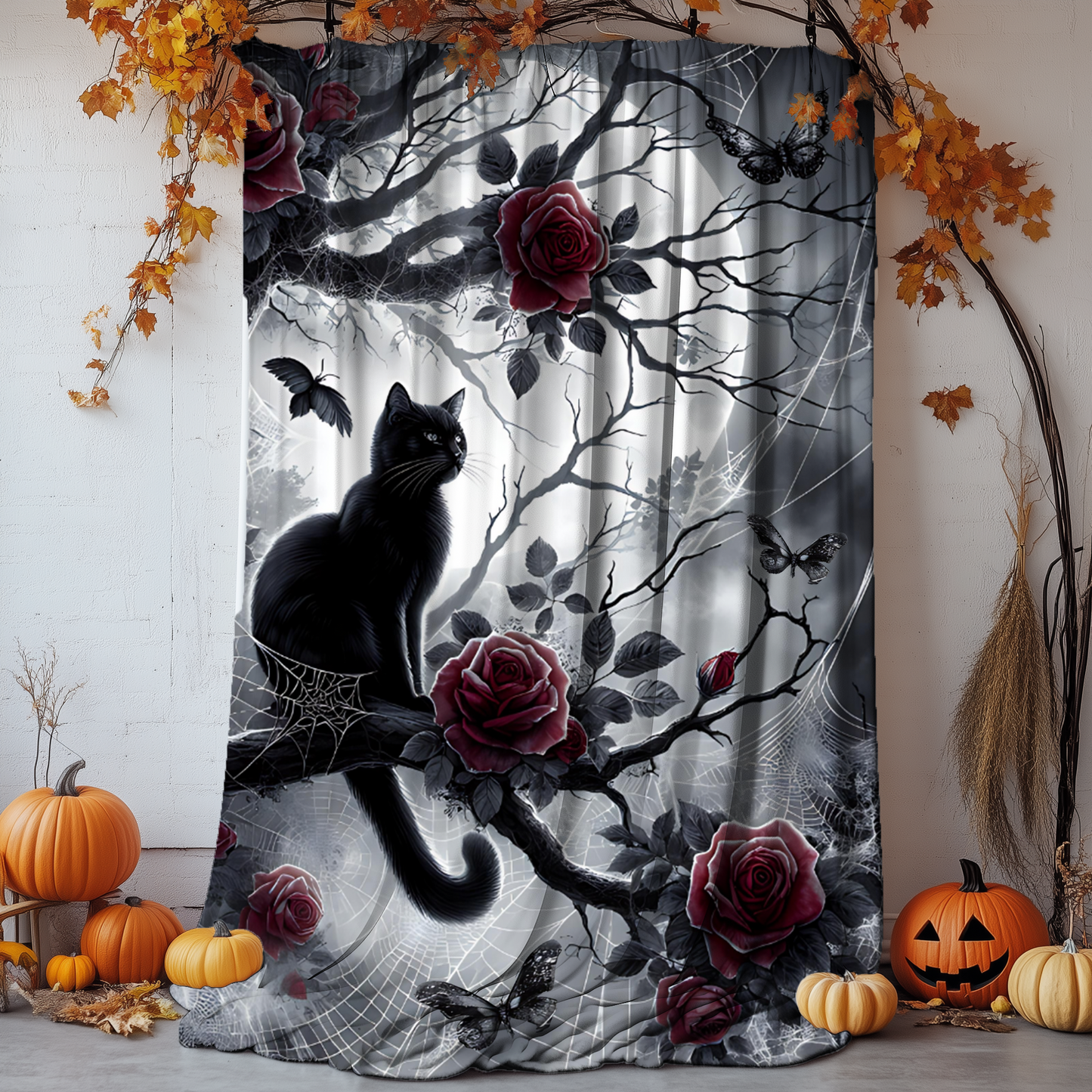 Gothic Black Cat & Roses Velveteen Blanket - Moonlit Spiderweb Halloween Throw in 3 Sizes