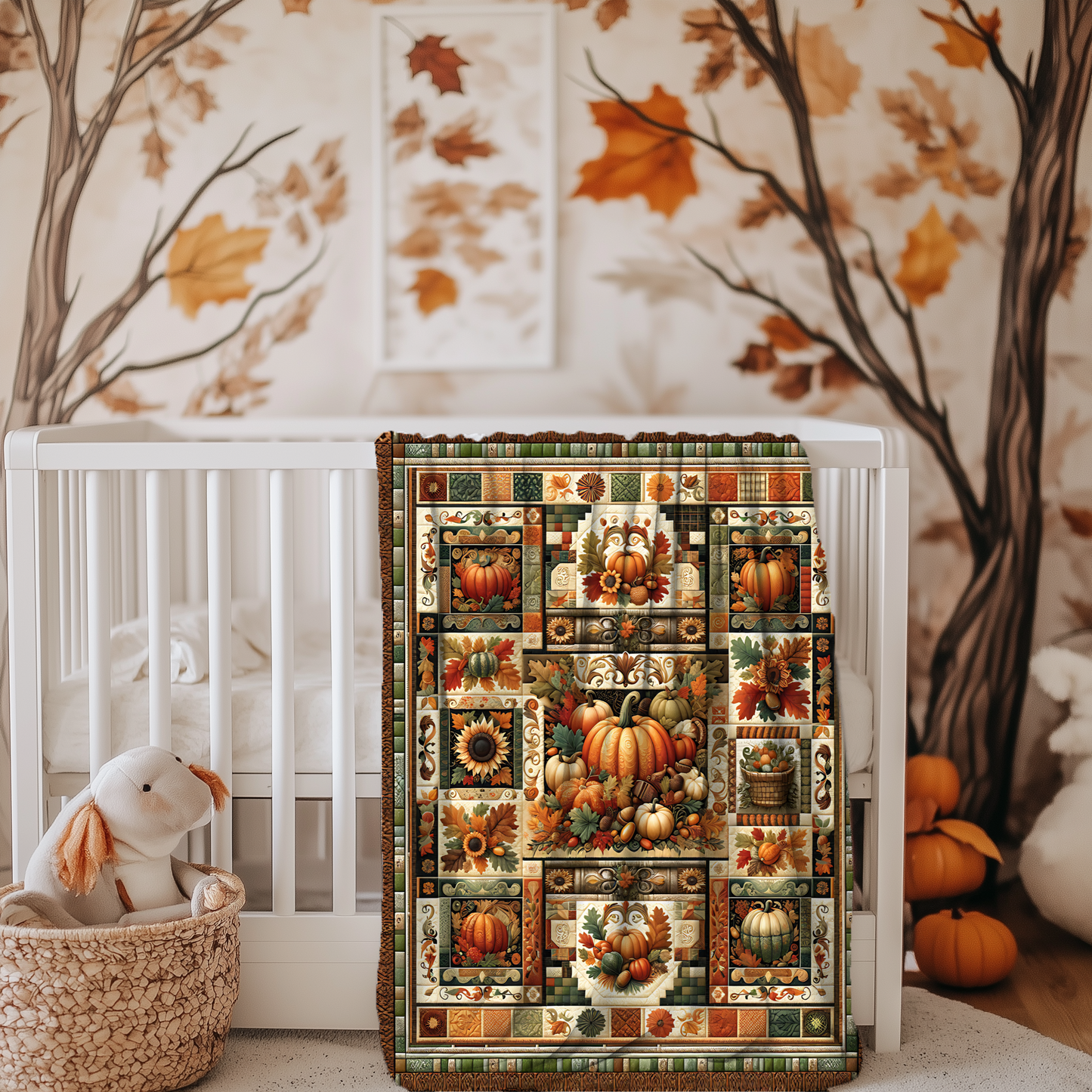 Harvest Patchwork Blanket Gift for Mom, Cozy Autumn Throw with Pumpkins, Sunflowers & Fall Leaves, Rustic Farmhouse Quilt Look, Host Gift