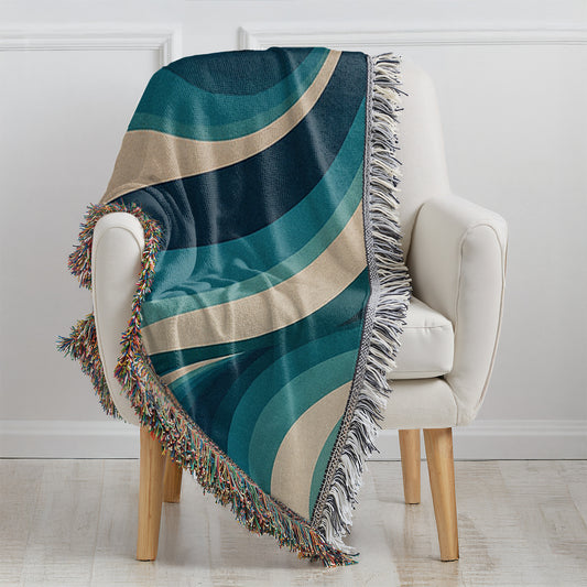 Ocean Drift Woven Blanket – Cotton Throw in Coastal Blues, Earth Tones & Wave Pattern | Artistic Nature-Inspired Tapestry Throw