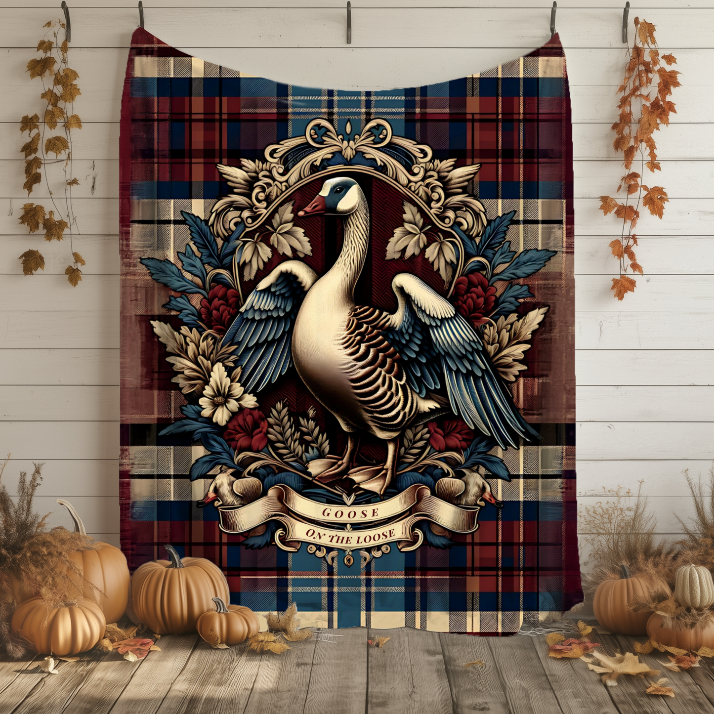 Goose on the Loose Blanket – Rustic Plaid Farmhouse Throw with Vintage Goose Design