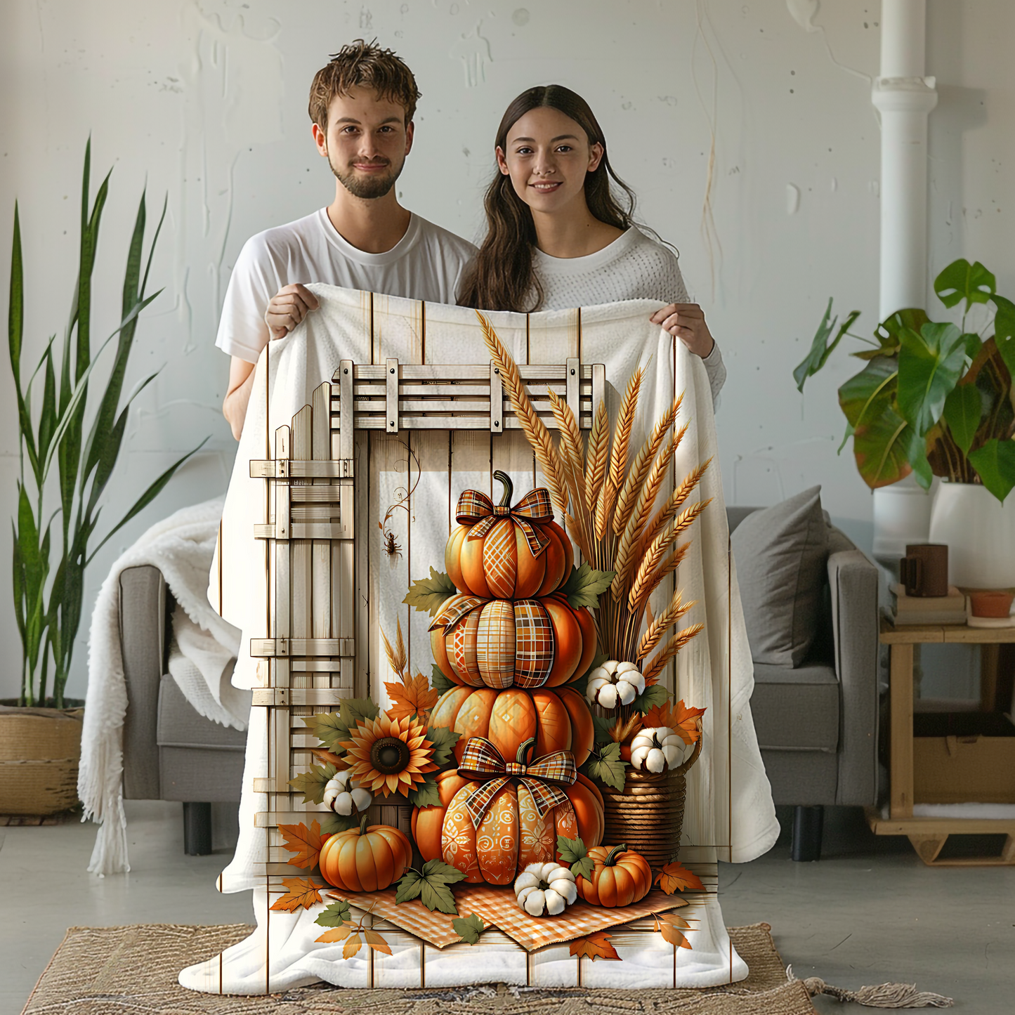 Farmhouse Fall Pumpkin & Sunflower Blanket - Cozy Velveteen Throw (50x60 or 60x80)