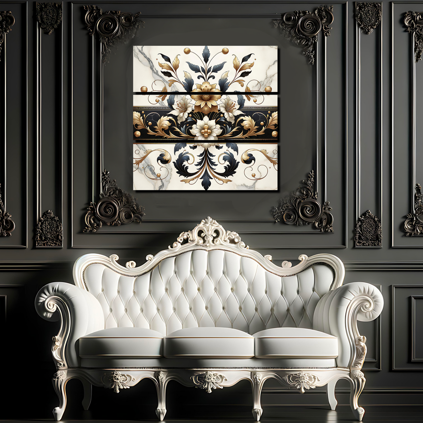 Gilded Reverie – One-of-a-Kind Baroque Floral Wall Art in Black, Gold & Marble | Collector’s Edition