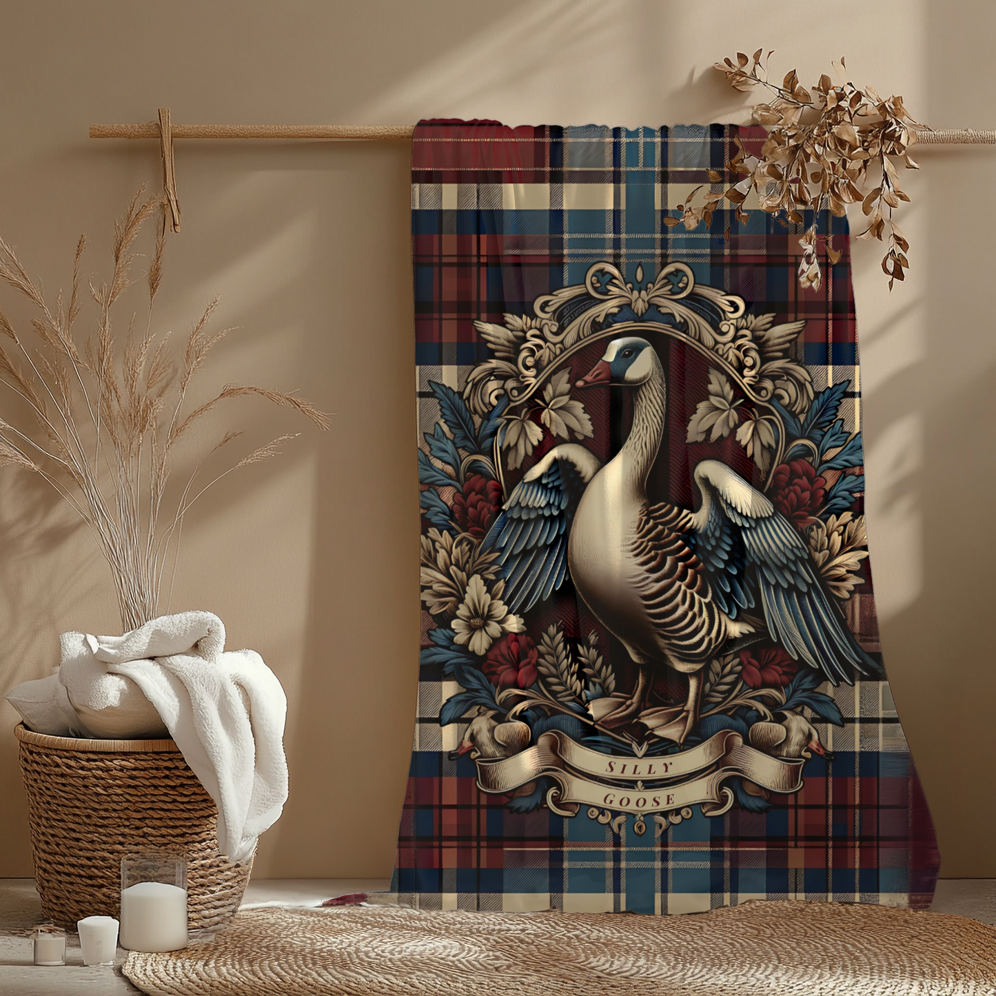 Silly Goose Blanket – Rustic Plaid Farmhouse Throw with Vintage Goose Design