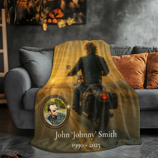 Riding with Angels Now – Personalized Motorcycle Memorial Blanket with Photo and Name – Tribute Gift for Loss of a Biker