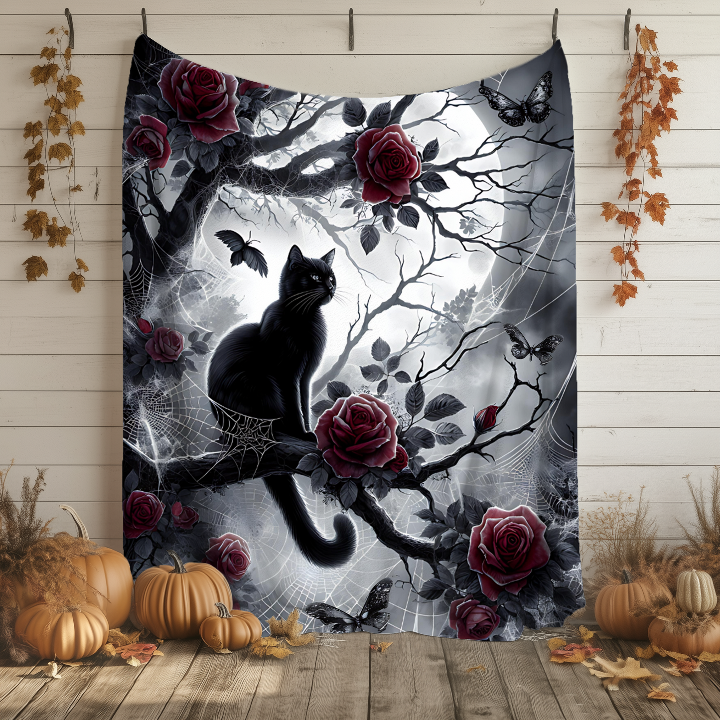 Gothic Black Cat & Roses Velveteen Blanket - Moonlit Spiderweb Halloween Throw in 3 Sizes