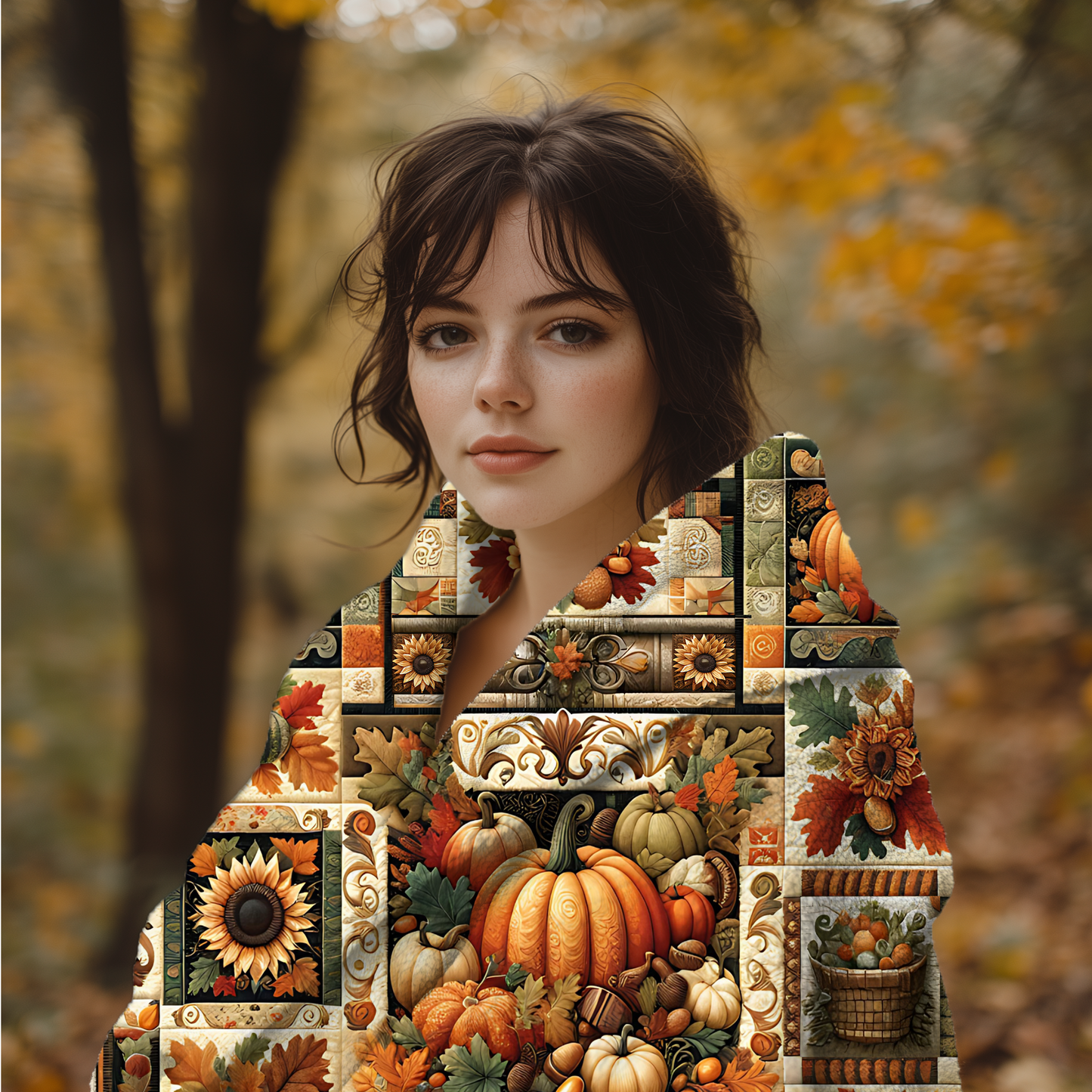 Harvest Patchwork Blanket Gift for Mom, Cozy Autumn Throw with Pumpkins, Sunflowers & Fall Leaves, Rustic Farmhouse Quilt Look, Host Gift