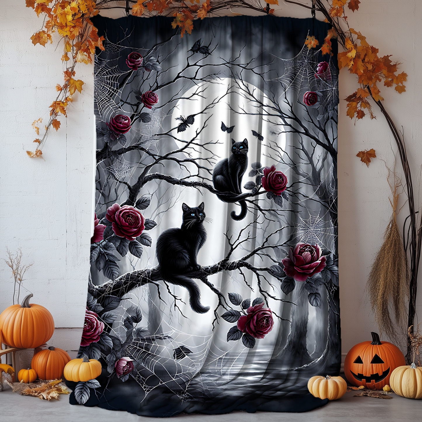 Gothic Black Cats & Roses Velveteen Blanket — Sapphire Eyes Moonlit Halloween Throw