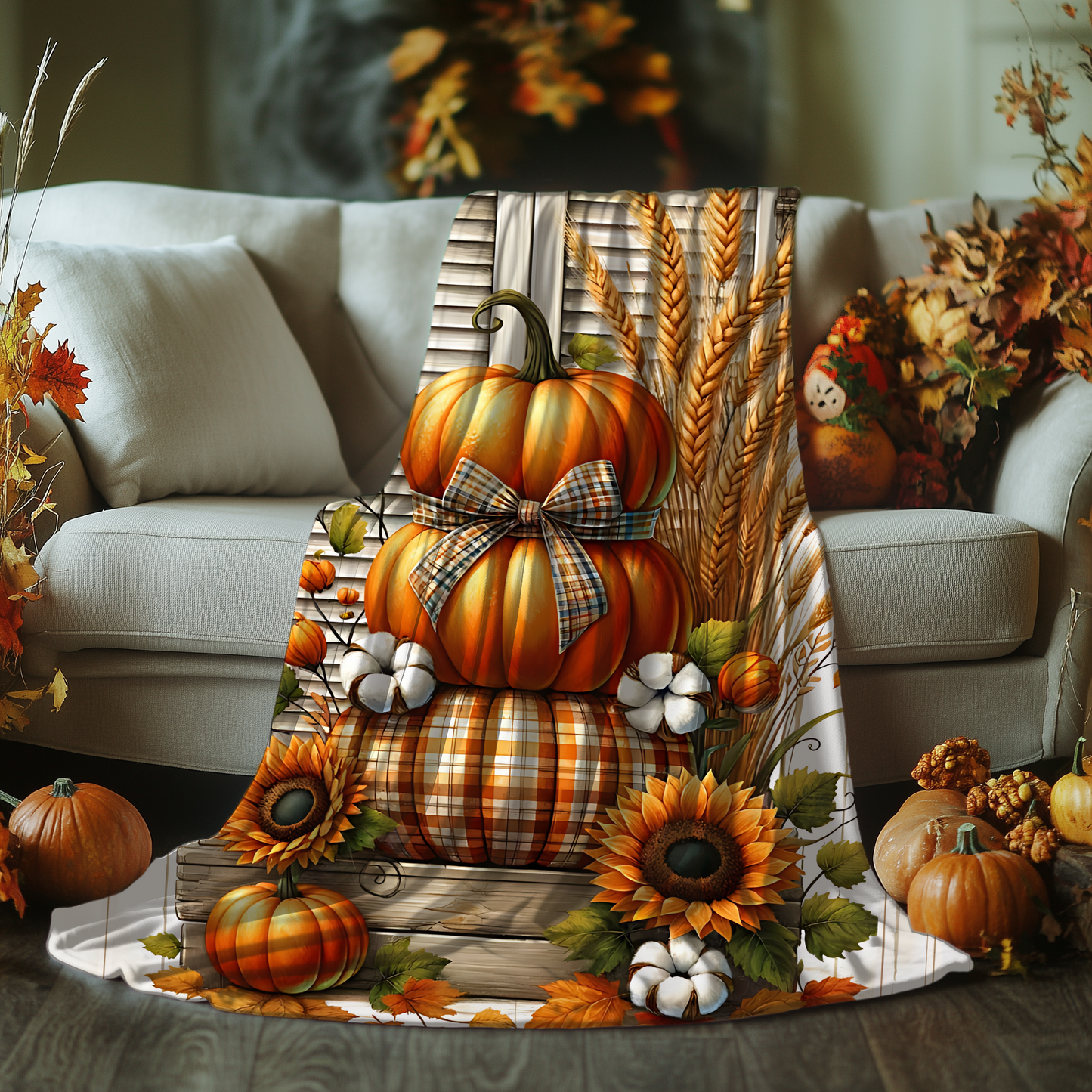 Rustic Autumn Pumpkin & Sunflower Blanket - Cozy Fall Velveteen Throw (50x60 or 60x80)