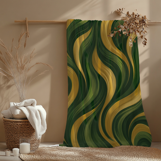 Green & Gold Modern Wave Velveteen Blanket – Luxe Soft Throw for Couch, Bed or Gift | Available in 2 Sizes