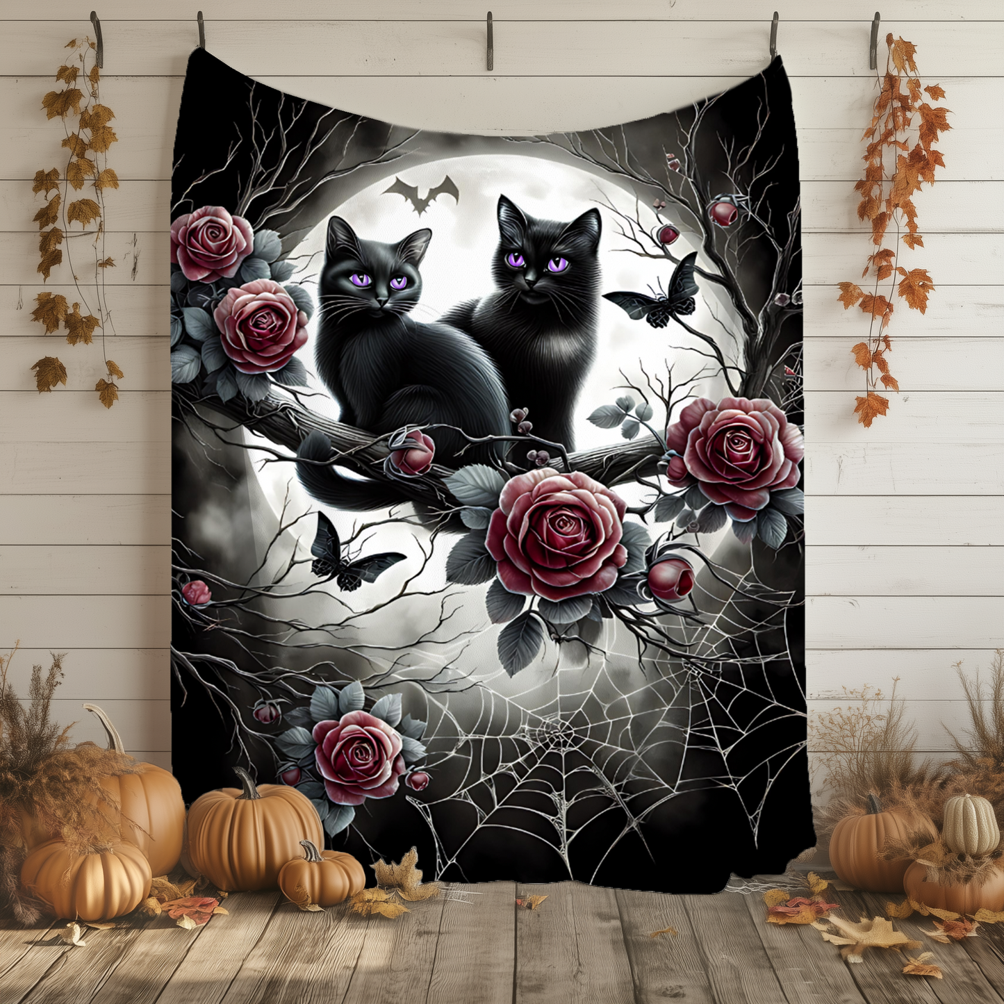 Gothic Black Kittens & Roses Velveteen Blanket — Amethyst Eyes Moonlit Halloween Throw