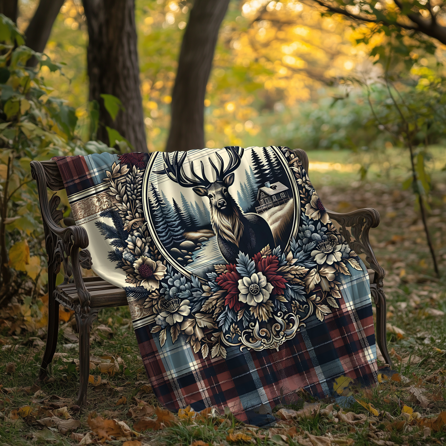 Rustic Plaid Deer Blanket – Cozy Cabin-Inspired Velveteen Throw, 50x60