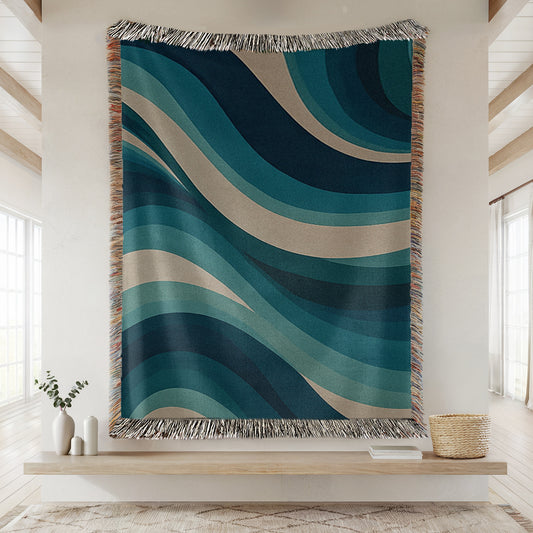 Ocean Drift Woven Blanket – Cotton Throw in Coastal Blues, Earth Tones & Wave Pattern | Artistic Nature-Inspired Tapestry Throw