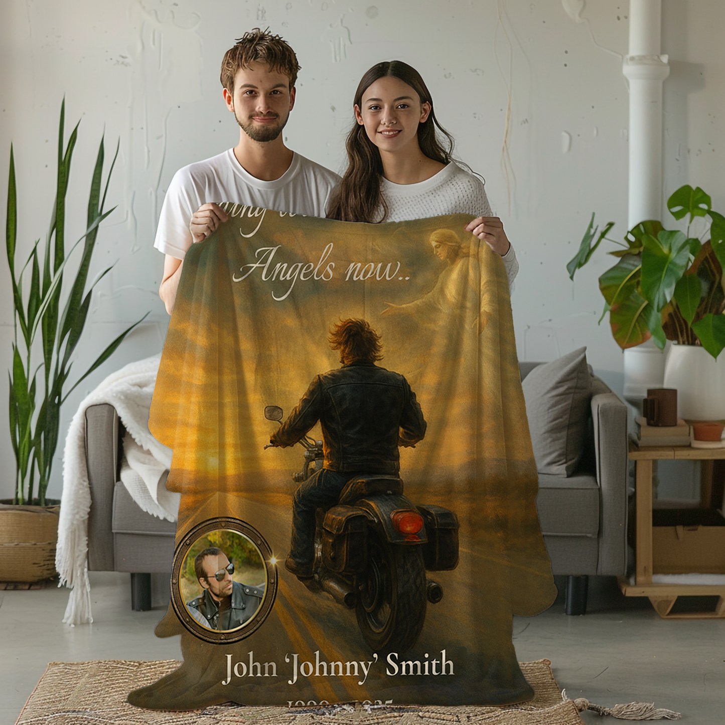 Riding with Angels Now – Personalized Motorcycle Memorial Blanket with Photo and Name – Tribute Gift for Loss of a Biker