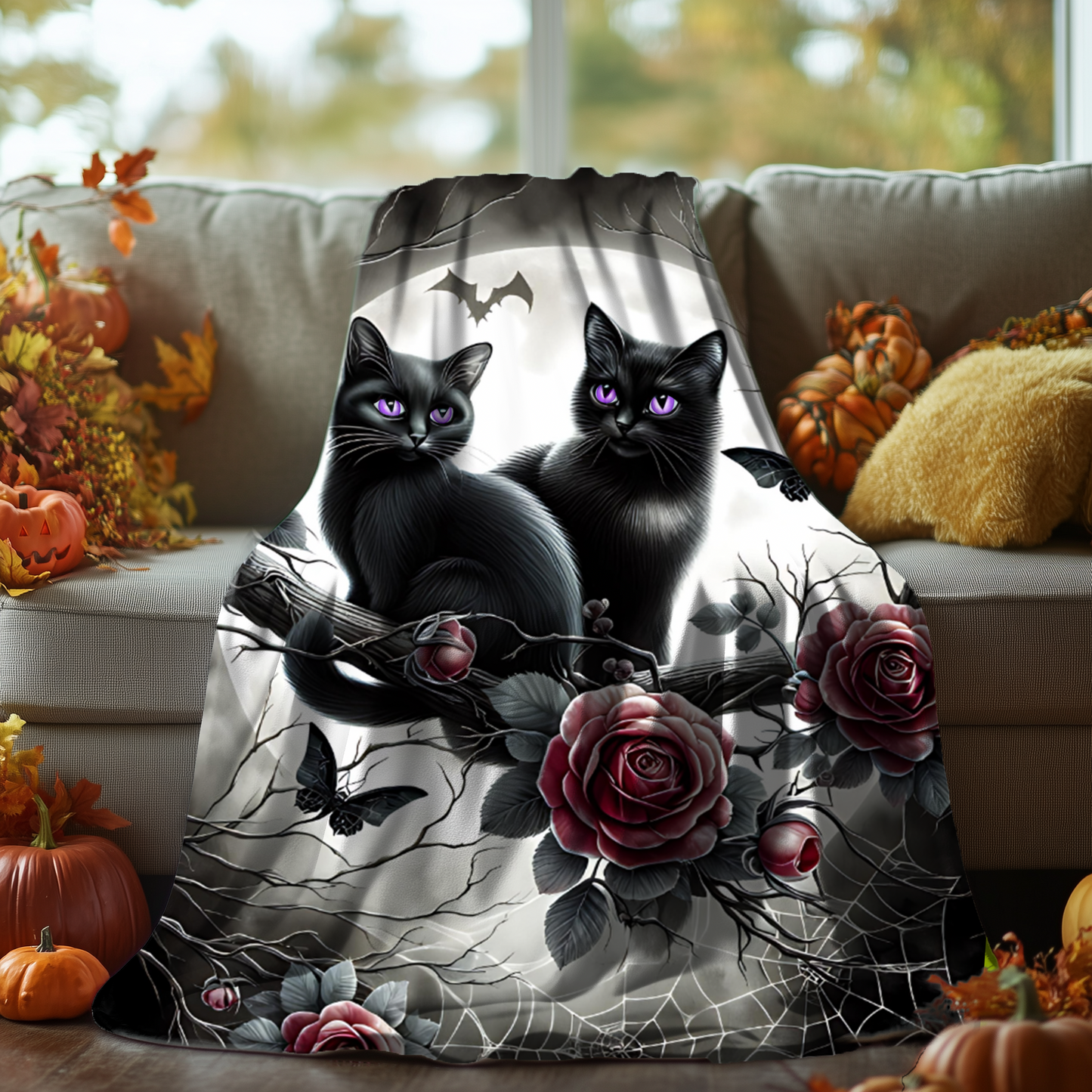 Gothic Black Kittens & Roses Velveteen Blanket — Amethyst Eyes Moonlit Halloween Throw