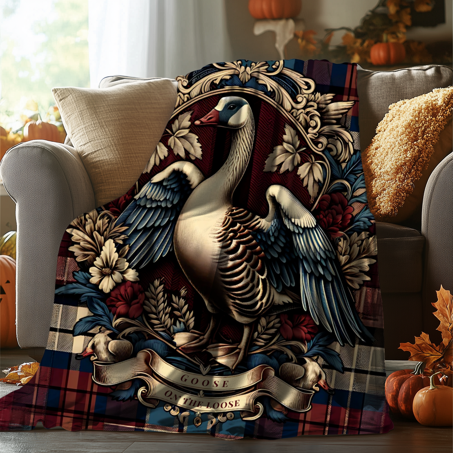 Goose on the Loose Blanket – Rustic Plaid Farmhouse Throw with Vintage Goose Design