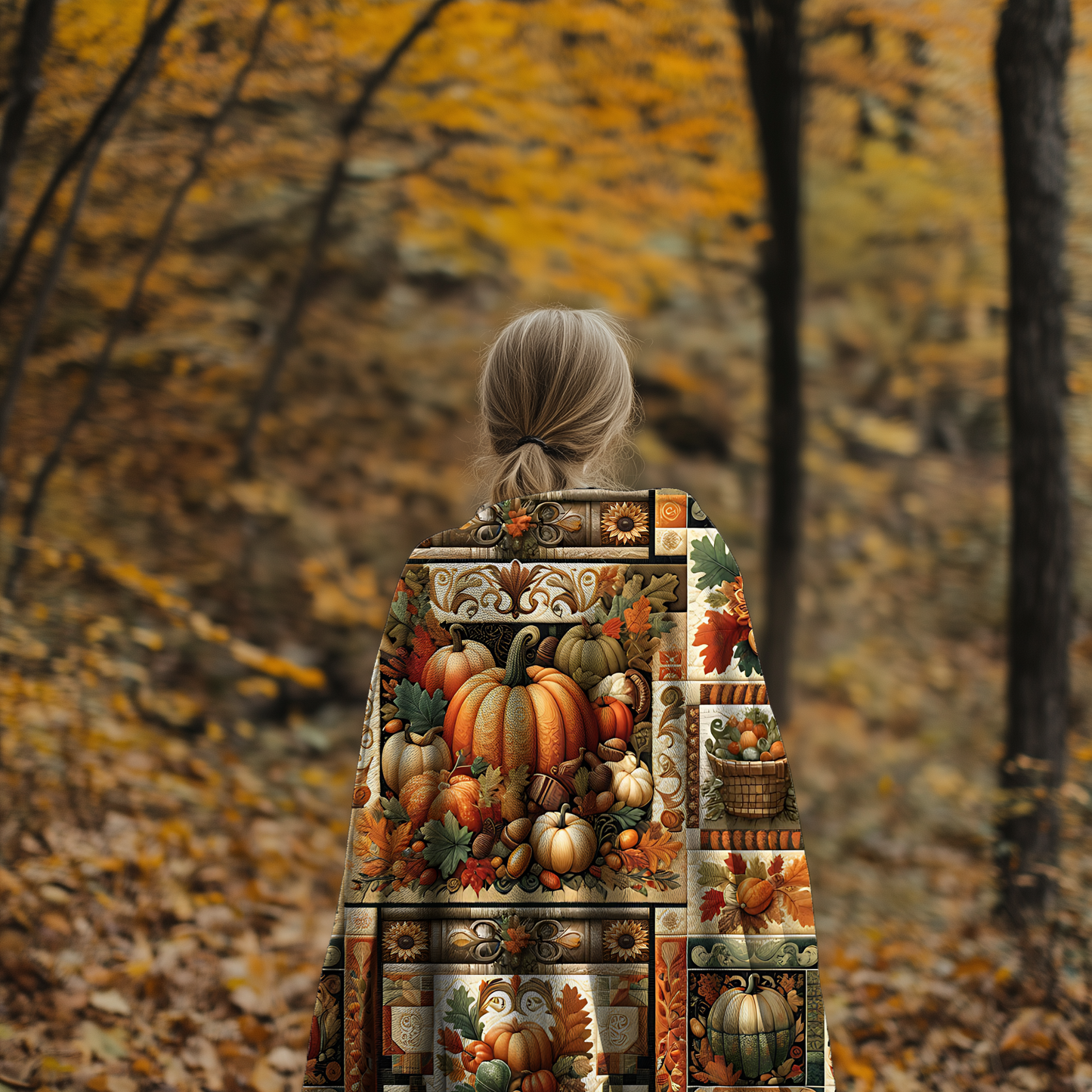 Harvest Patchwork Blanket Gift for Mom, Cozy Autumn Throw with Pumpkins, Sunflowers & Fall Leaves, Rustic Farmhouse Quilt Look, Host Gift