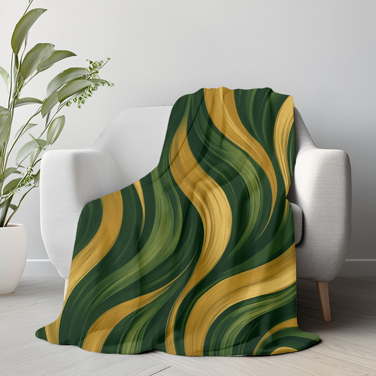 Green & Gold Modern Wave Velveteen Blanket – Luxe Soft Throw for Couch, Bed or Gift | Available in 2 Sizes