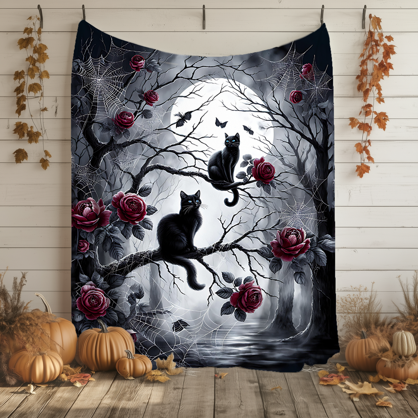 Gothic Black Cats & Roses Velveteen Blanket — Sapphire Eyes Moonlit Halloween Throw