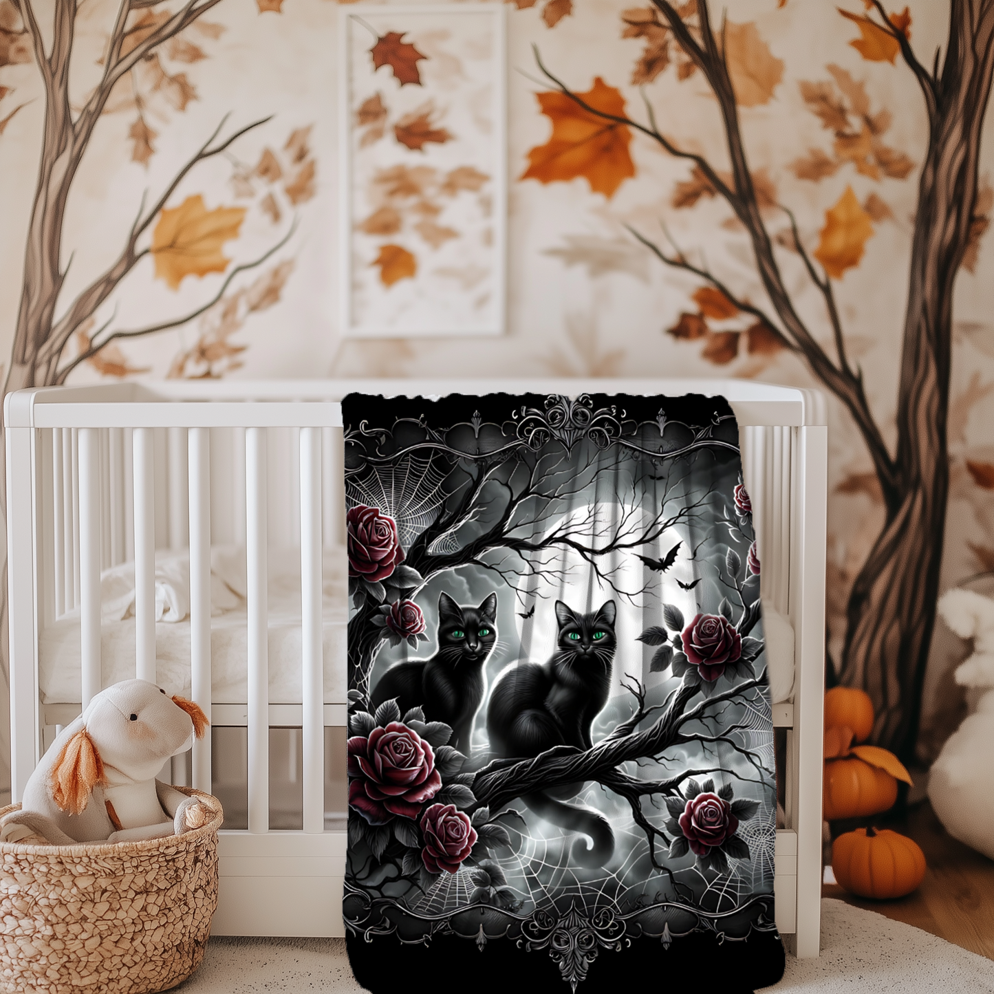 Gothic Black Cats & Roses Velveteen Blanket — Emerald Eyes Moonlit Halloween Throw