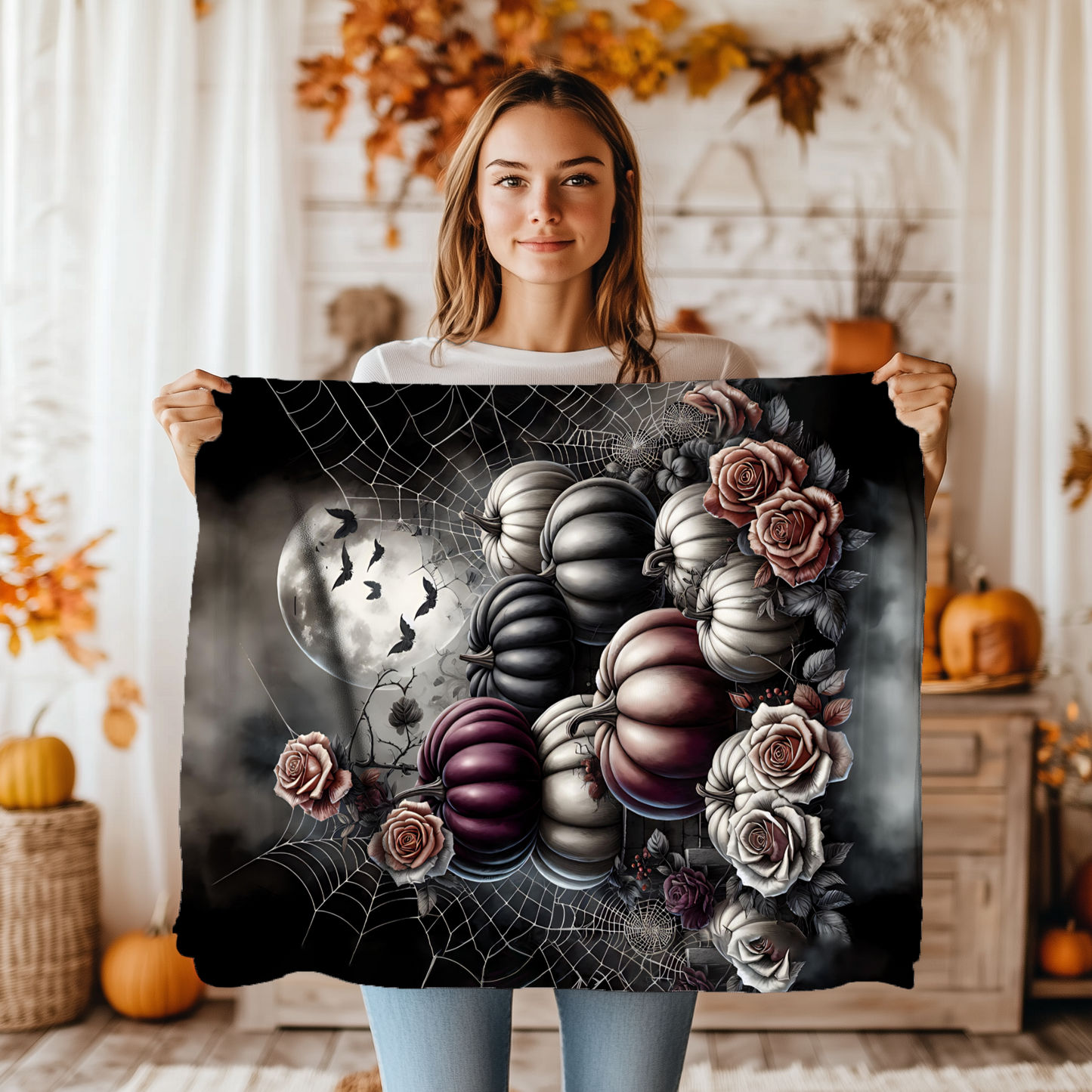 Spooky Gothic Pumpkin and Roses Velveteen Blanket, Elegant Halloween Decor
