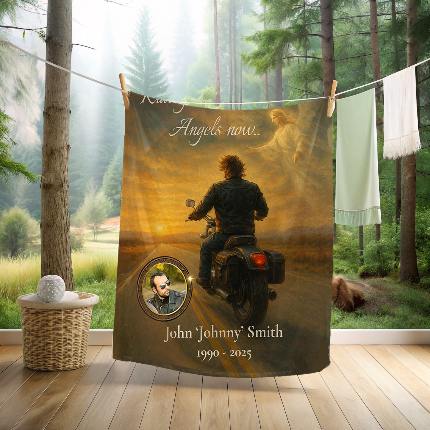 Riding with Angels Now – Personalized Motorcycle Memorial Blanket with Photo and Name – Tribute Gift for Loss of a Biker