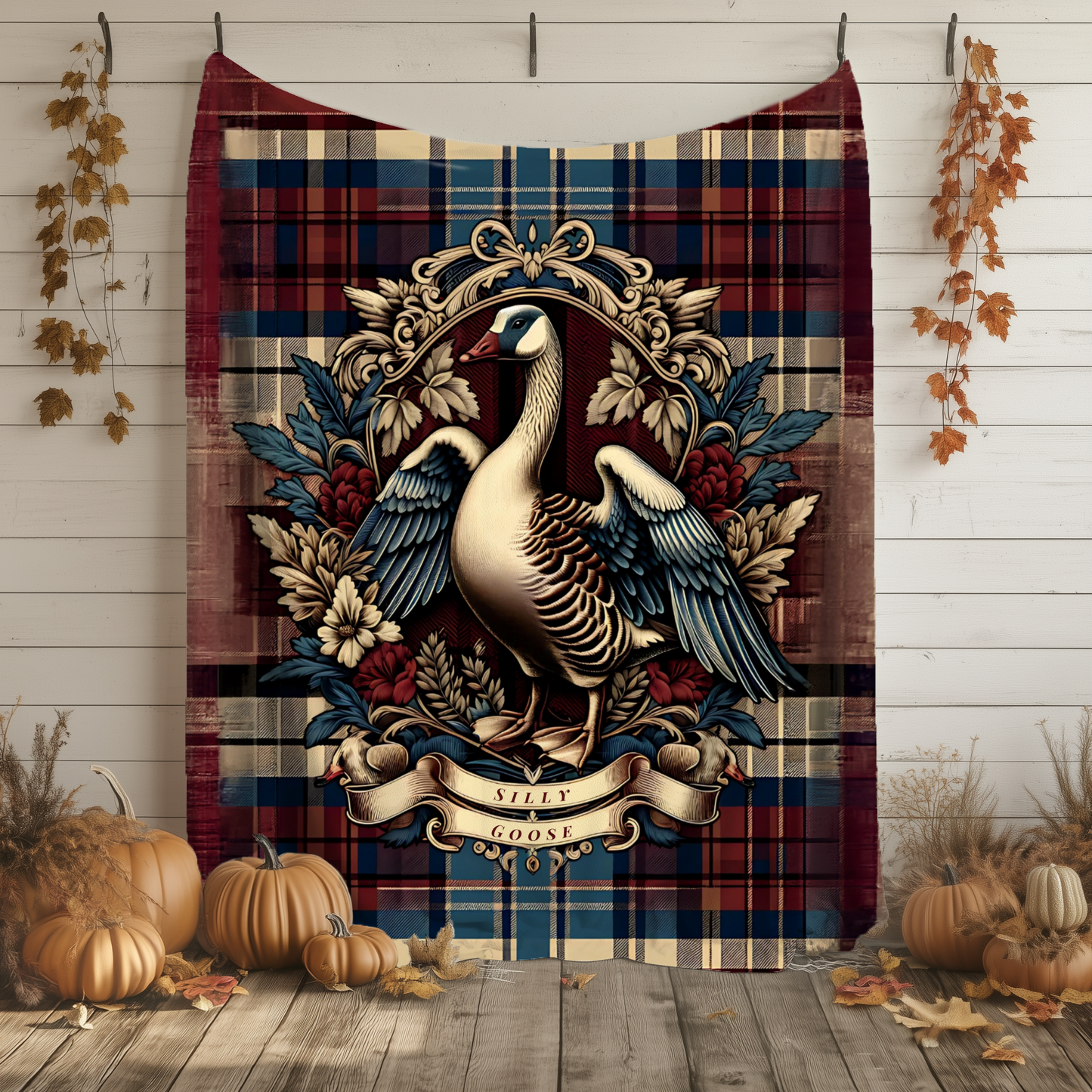 Silly Goose Blanket – Rustic Plaid Farmhouse Throw with Vintage Goose Design