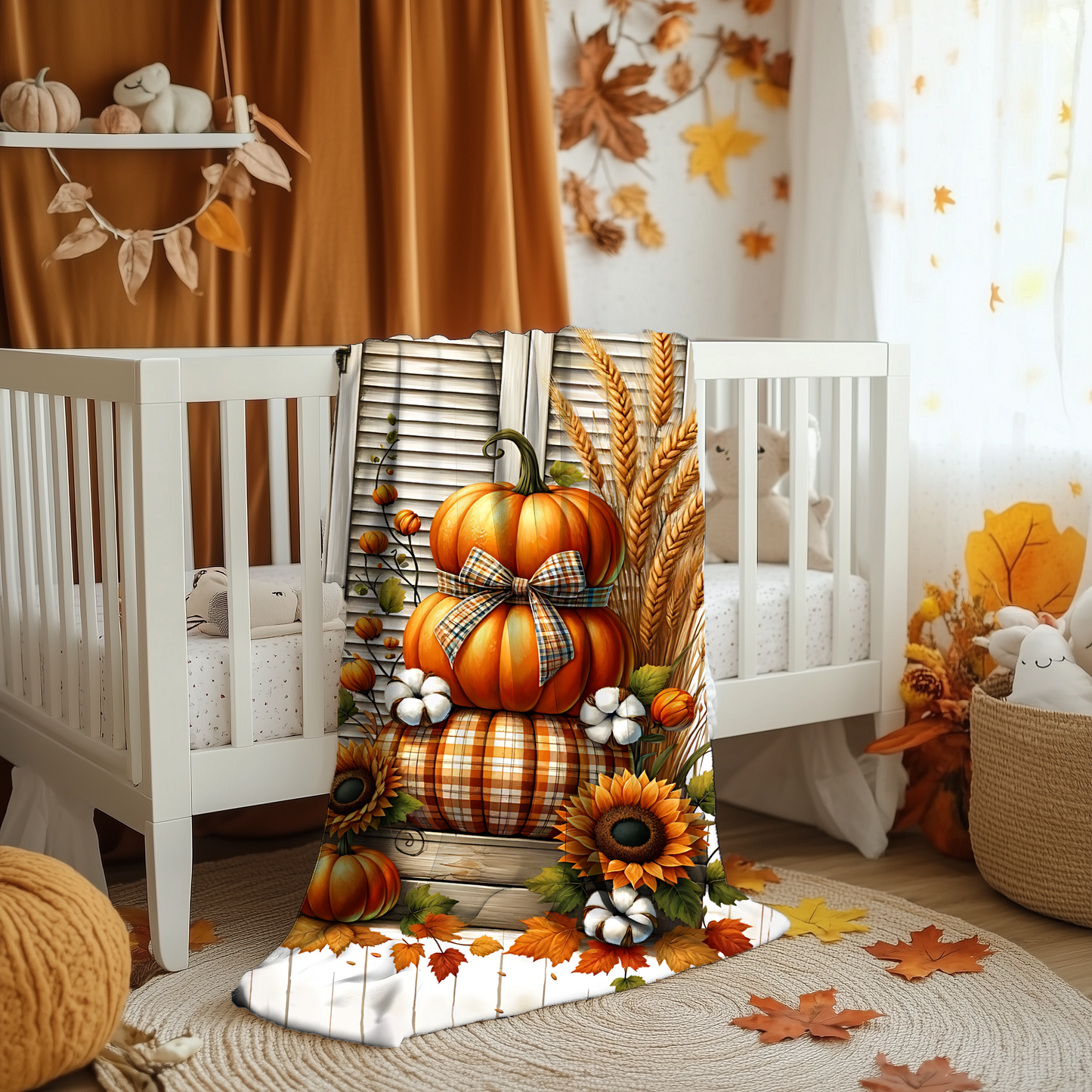 Rustic Autumn Pumpkin & Sunflower Blanket - Cozy Fall Velveteen Throw (50x60 or 60x80)