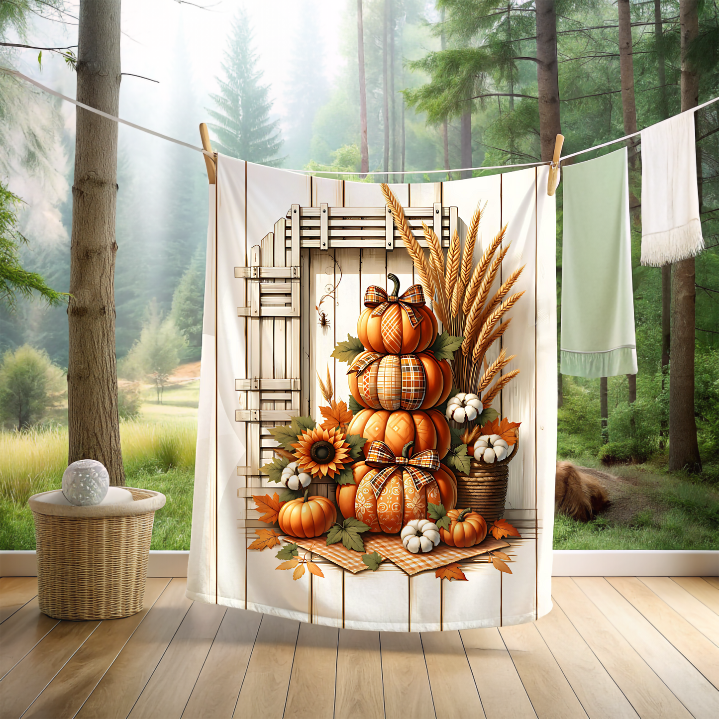 Farmhouse Fall Pumpkin & Sunflower Blanket - Cozy Velveteen Throw (50x60 or 60x80)
