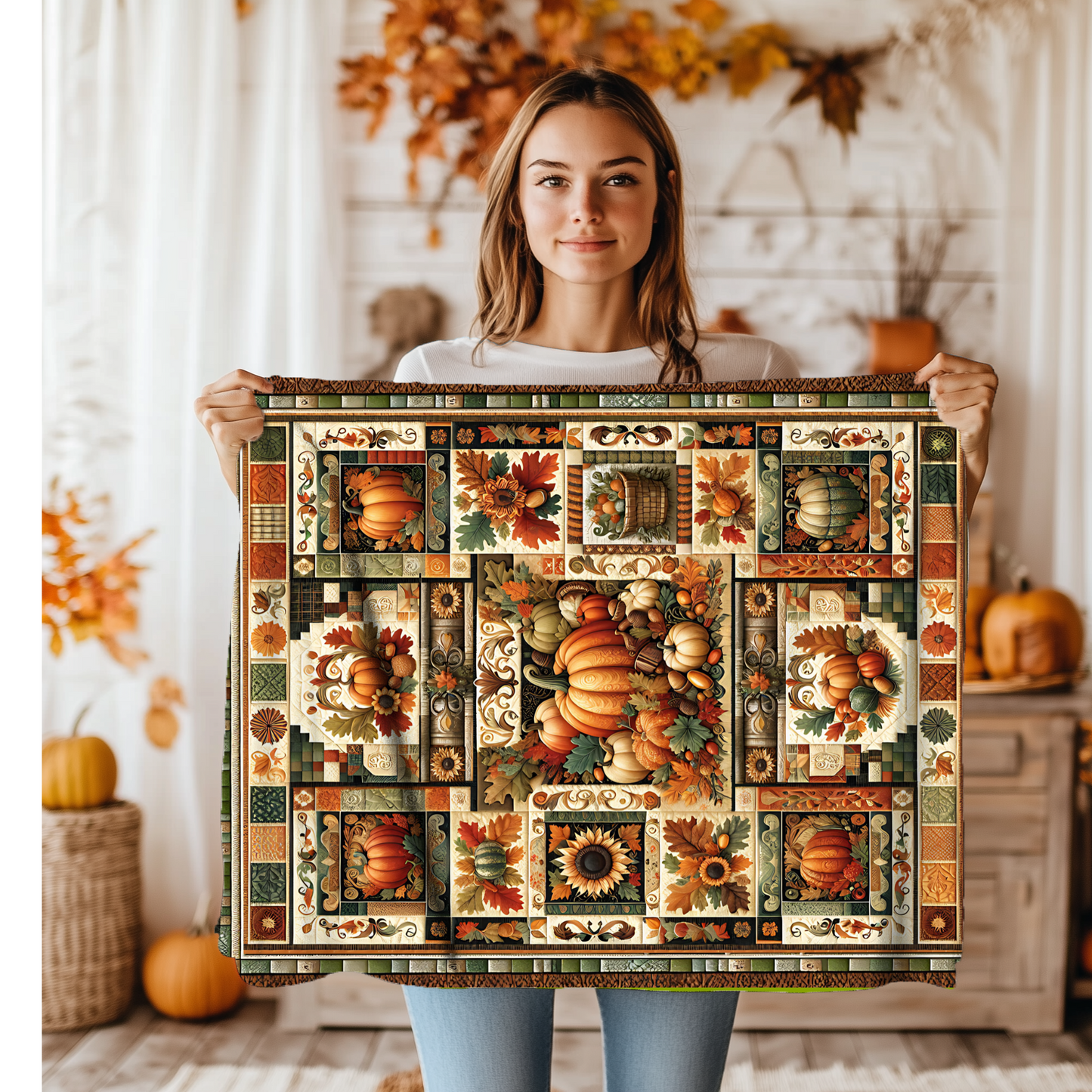 Harvest Patchwork Blanket Gift for Mom, Cozy Autumn Throw with Pumpkins, Sunflowers & Fall Leaves, Rustic Farmhouse Quilt Look, Host Gift