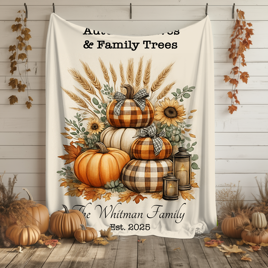 Personalized Fall Blanket – Autumn Leaves & Family Trees – Custom Family Name Throw – Cozy Fall Decor – Thanksgiving Gift