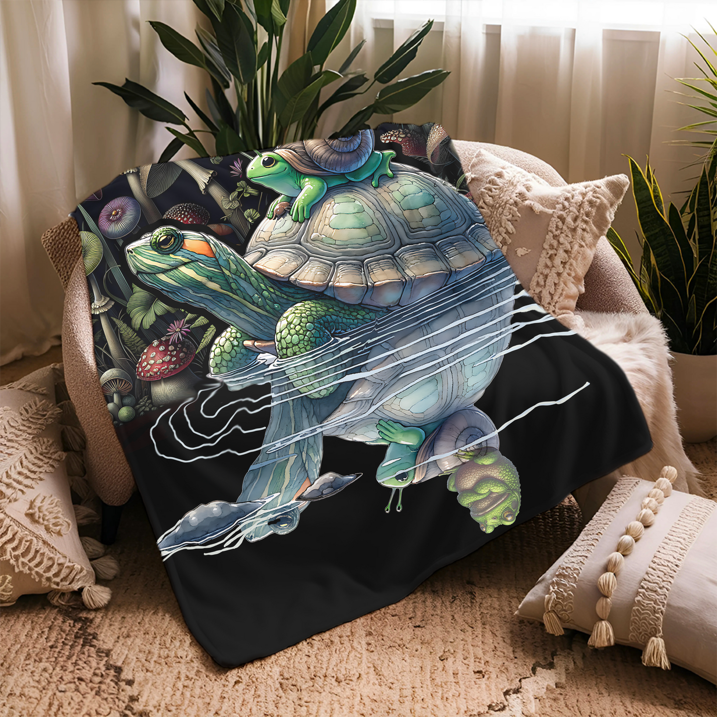 Whimsical Forest Friends Blanket – Turtle, Frog, Snail & Mushroom Scene | Cozy Velveteen Throw for Kids, Nature Lovers & Dreamers