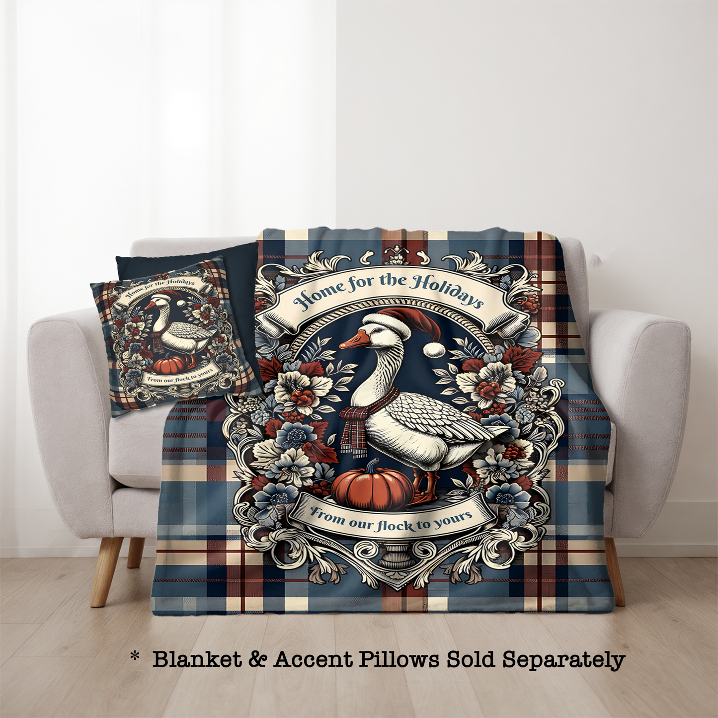 Home for the Holidays Goose Pillow Cover - Farmhouse Christmas Plaid Cushion with “From Our Flock to Yours”