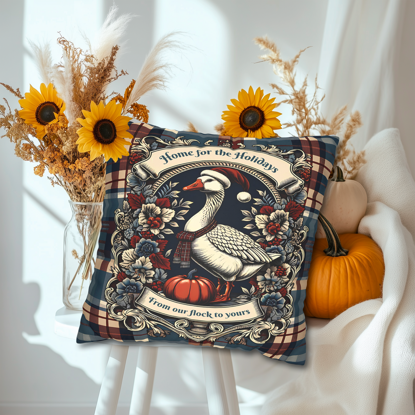 Home for the Holidays Goose Pillow Cover - Farmhouse Christmas Plaid Cushion with “From Our Flock to Yours”