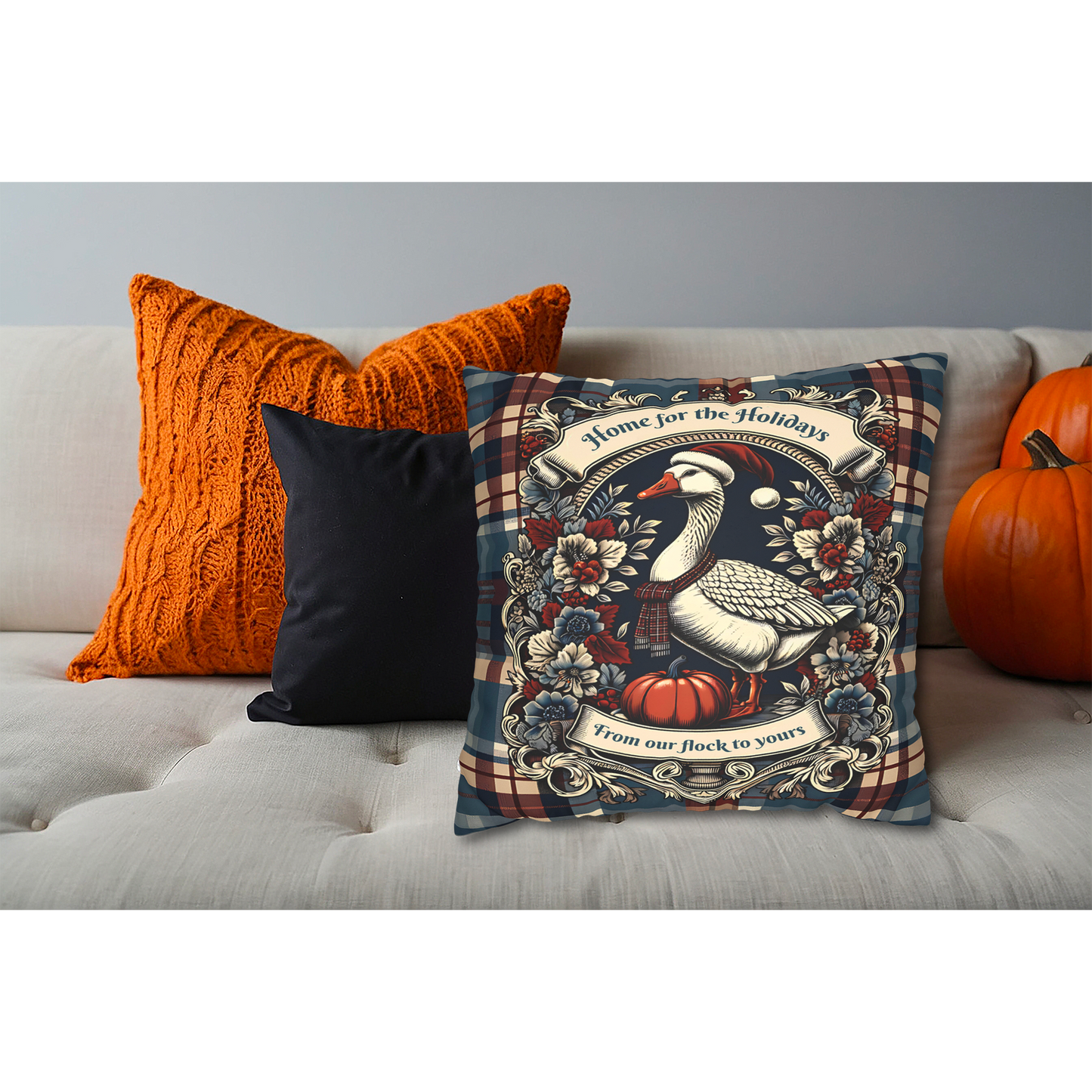 Home for the Holidays Goose Pillow Cover - Farmhouse Christmas Plaid Cushion with “From Our Flock to Yours”