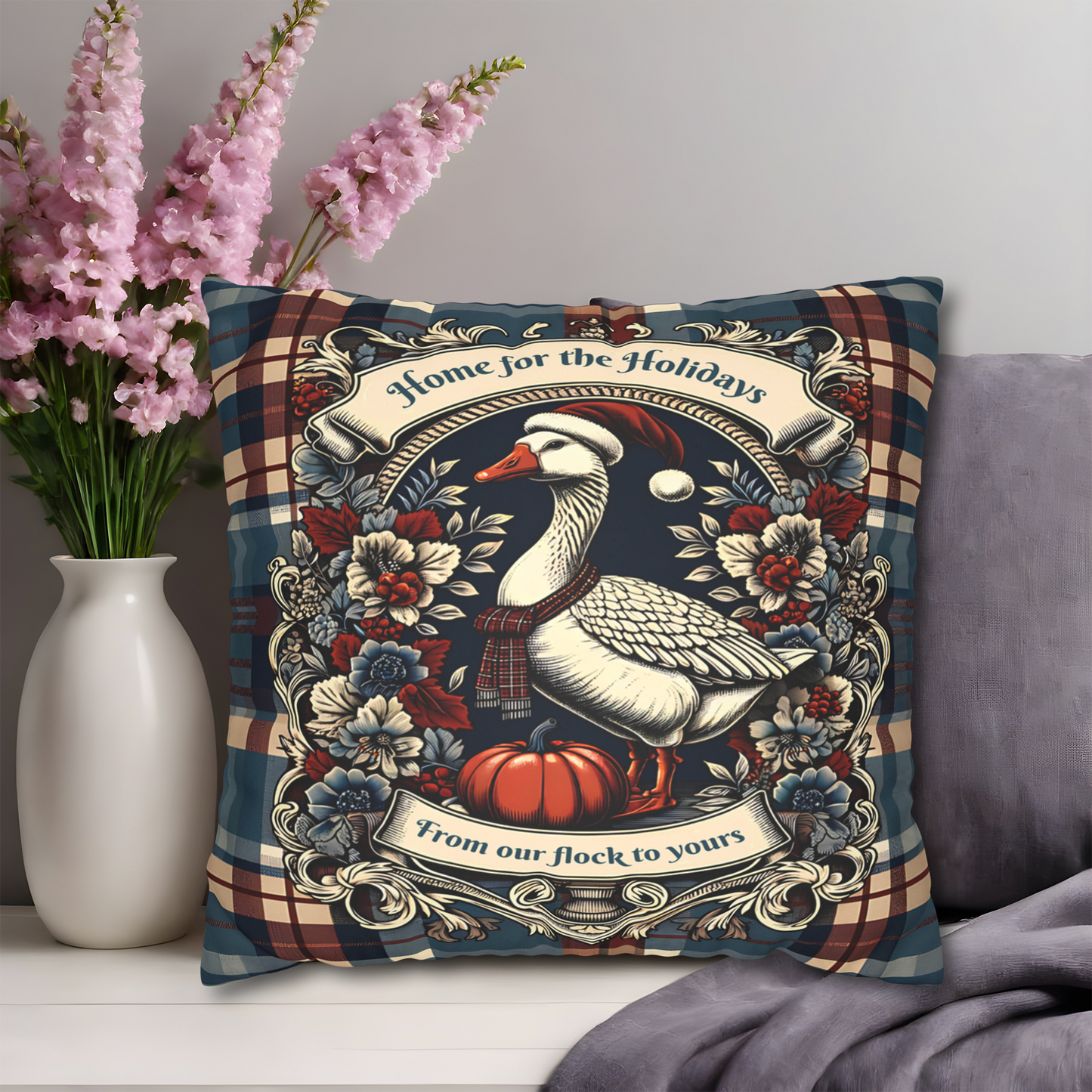 Home for the Holidays Goose Pillow Cover - Farmhouse Christmas Plaid Cushion with “From Our Flock to Yours”