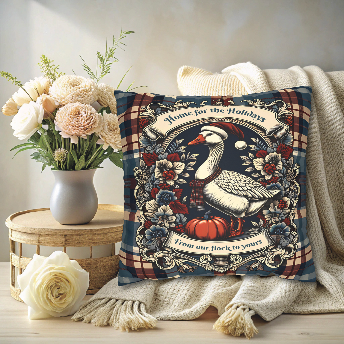 Home for the Holidays Goose Pillow Cover - Farmhouse Christmas Plaid Cushion with “From Our Flock to Yours”