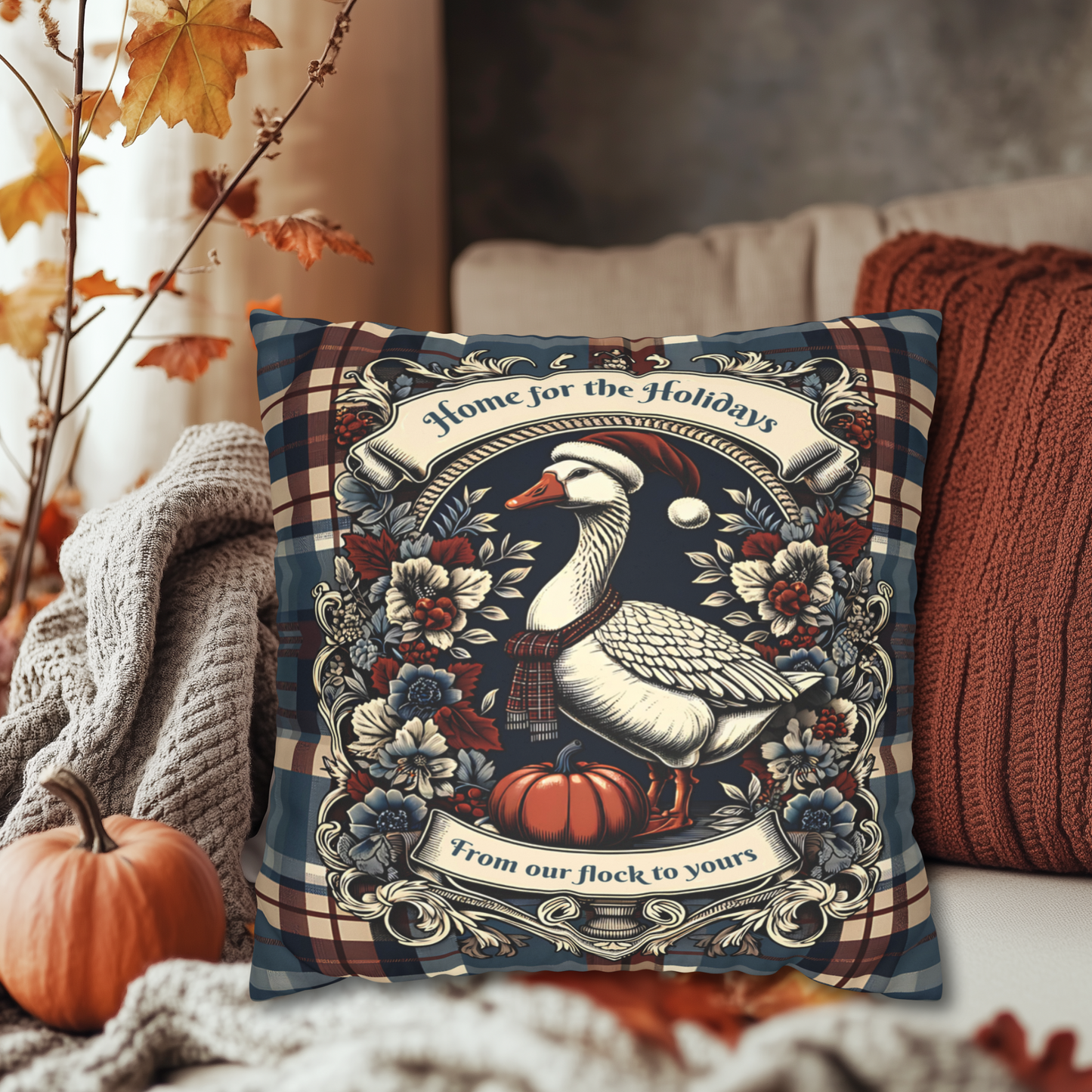 Home for the Holidays Goose Pillow Cover - Farmhouse Christmas Plaid Cushion with “From Our Flock to Yours”