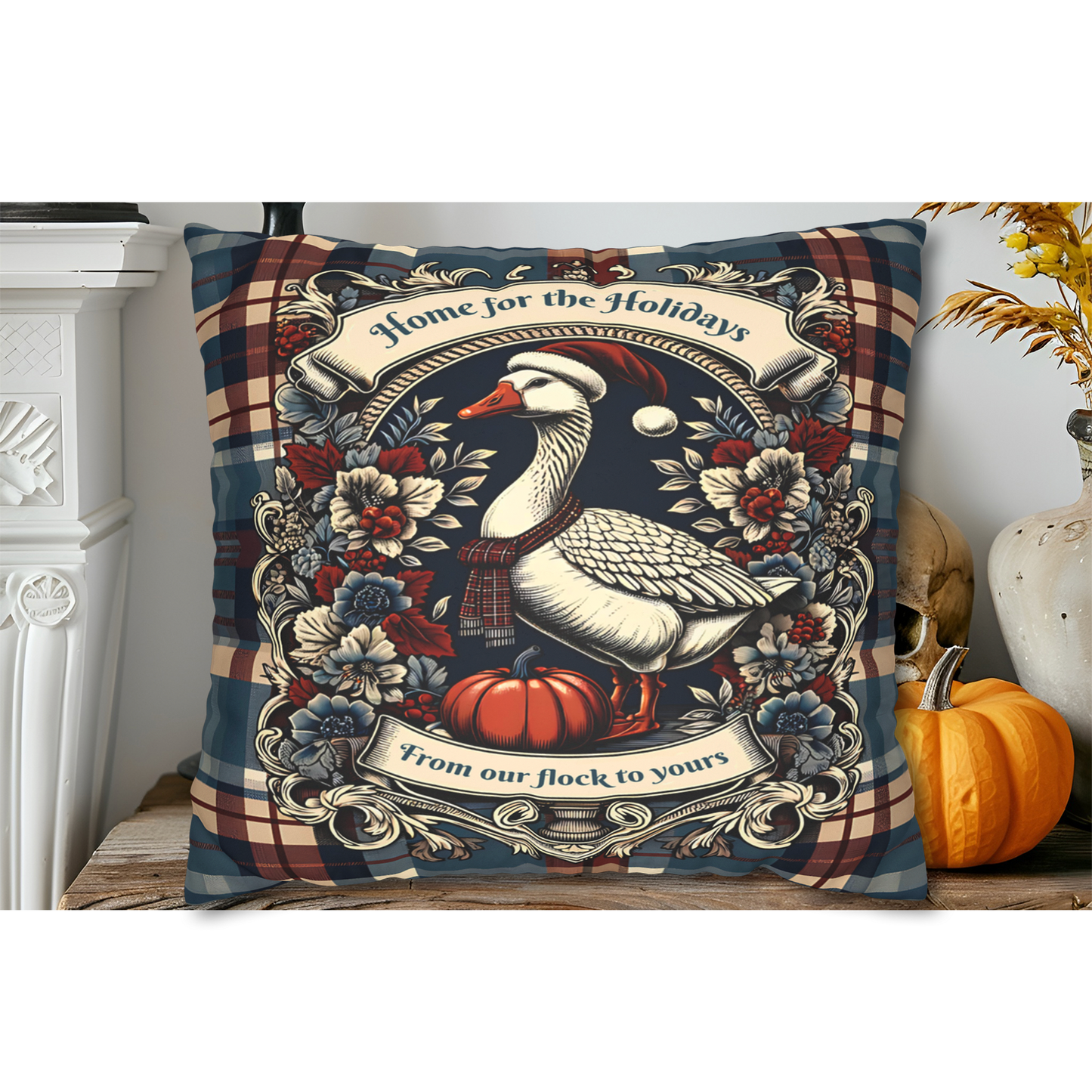 Home for the Holidays Goose Pillow Cover - Farmhouse Christmas Plaid Cushion with “From Our Flock to Yours”