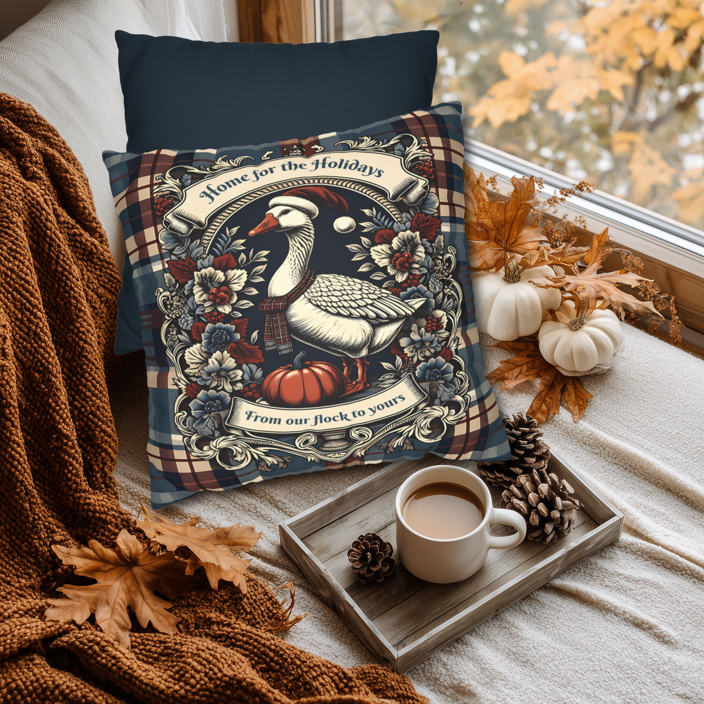 Home for the Holidays Goose Pillow Cover - Farmhouse Christmas Plaid Cushion with “From Our Flock to Yours”