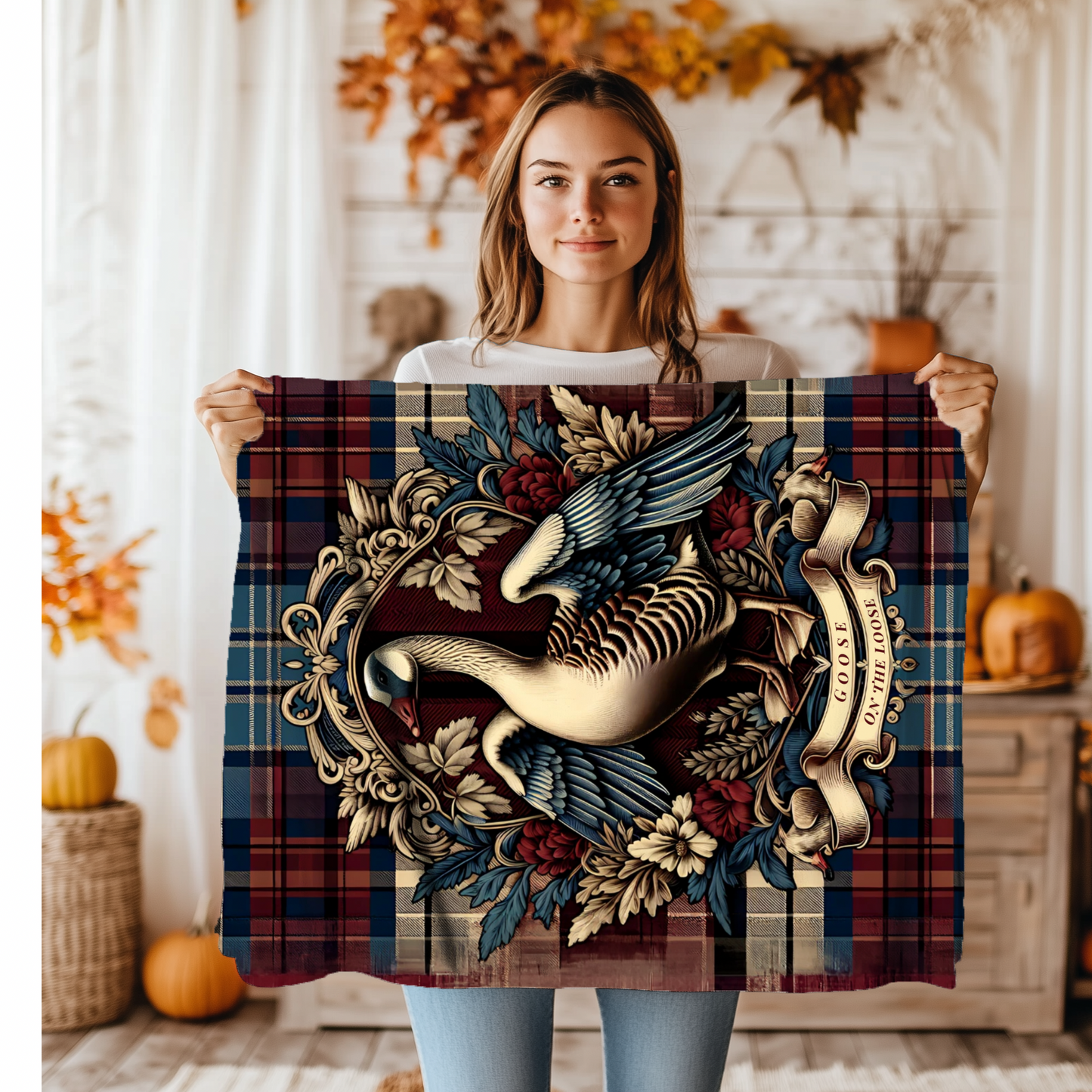 Goose on the Loose Blanket – Rustic Plaid Farmhouse Throw with Vintage Goose Design
