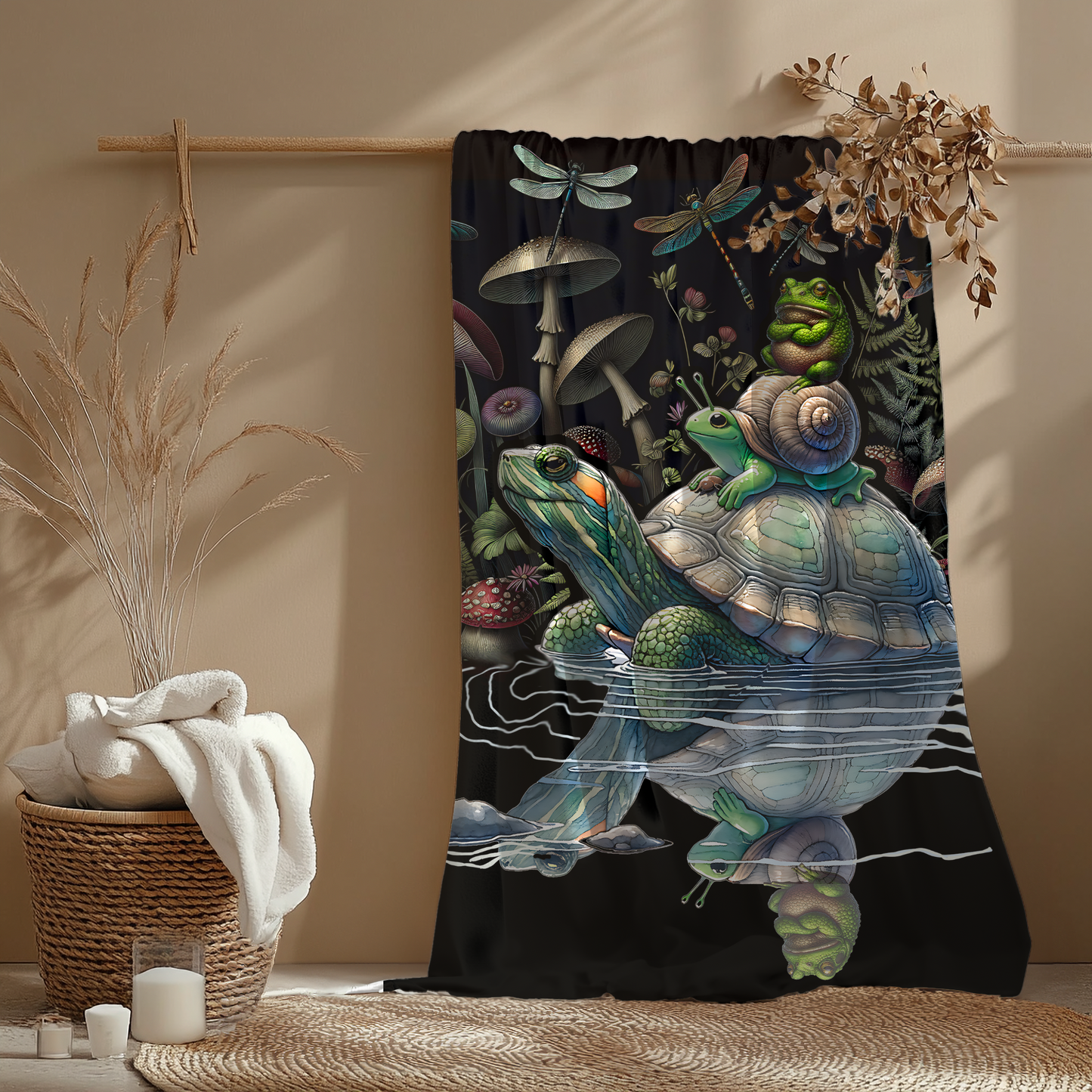 Whimsical Forest Friends Blanket – Turtle, Frog, Snail & Mushroom Scene | Cozy Velveteen Throw for Kids, Nature Lovers & Dreamers
