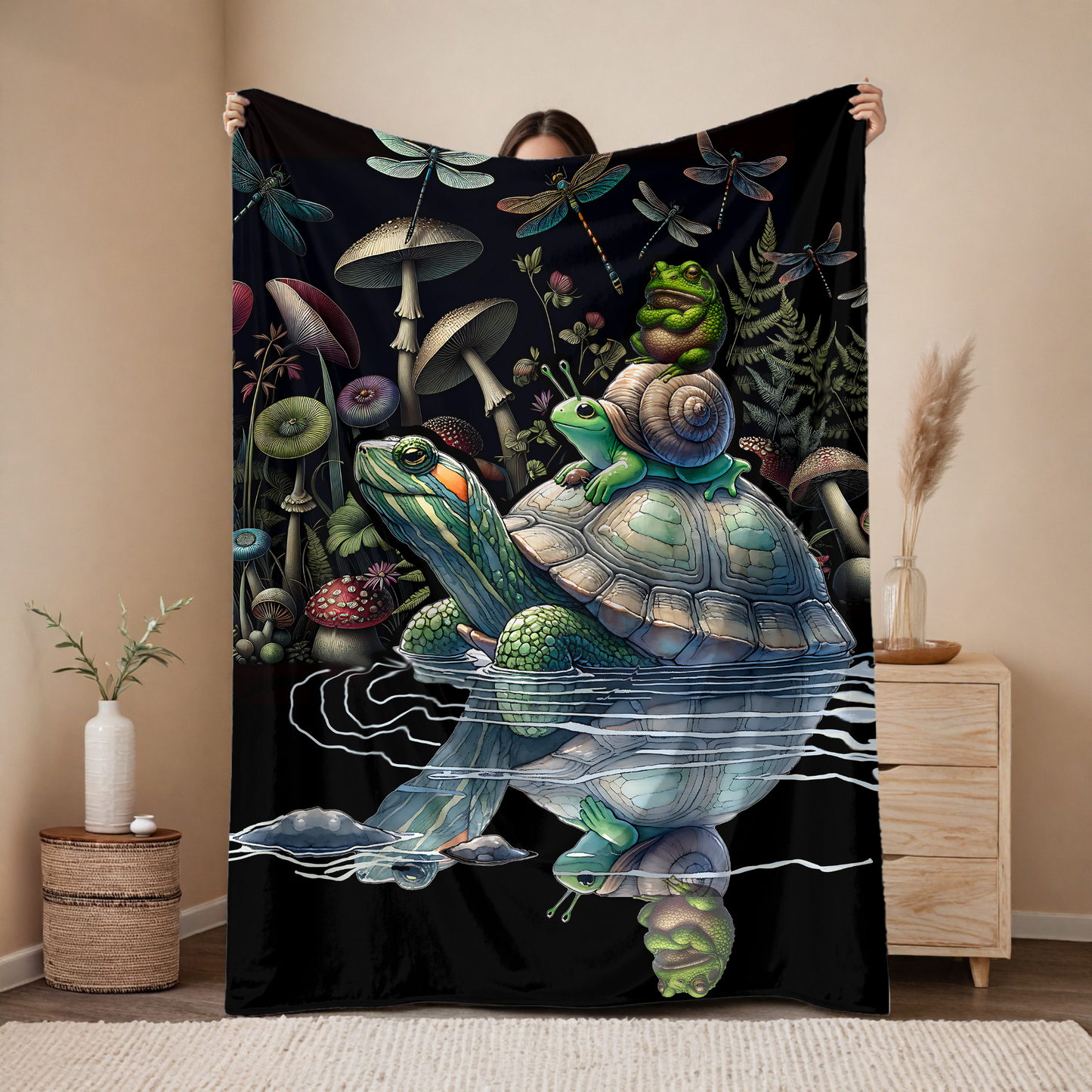 Whimsical Forest Friends Blanket – Turtle, Frog, Snail & Mushroom Scene | Cozy Velveteen Throw for Kids, Nature Lovers & Dreamers
