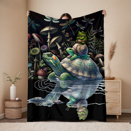 Whimsical Forest Friends Blanket – Turtle, Frog, Snail & Mushroom Scene | Cozy Velveteen Throw for Kids, Nature Lovers & Dreamers
