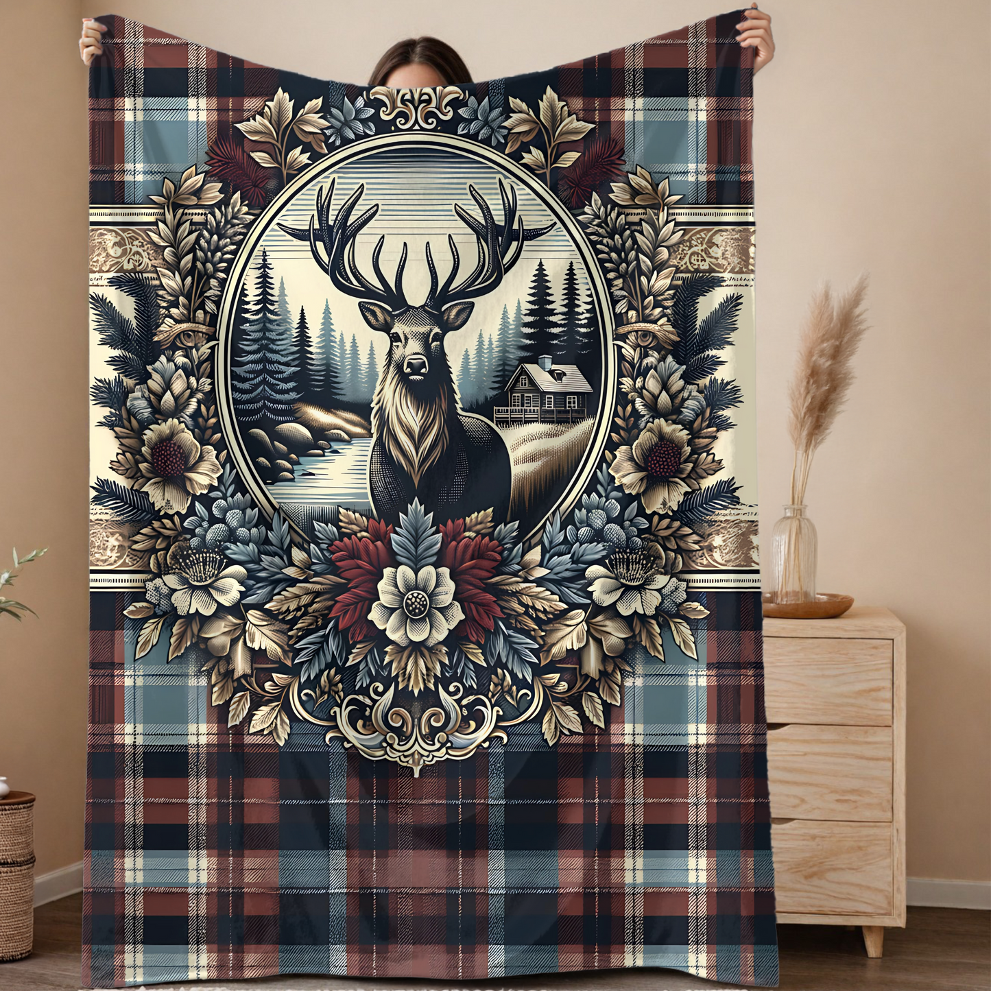 Rustic Plaid Deer Blanket – Cozy Cabin-Inspired Velveteen Throw, 50x60