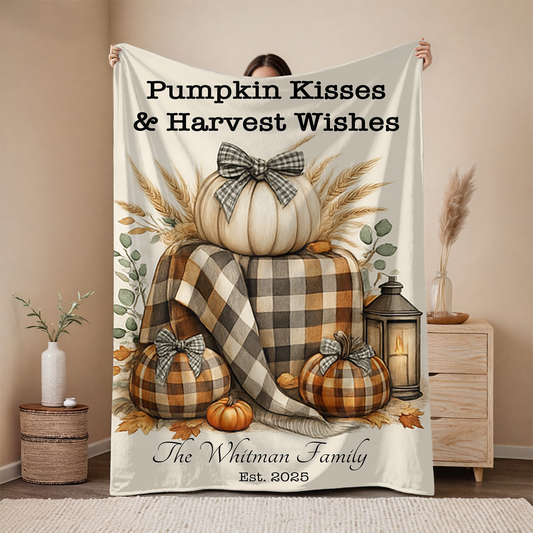 Pumpkin Kisses & Harvest Wishes | Personalized Fall Blanket with Plaid Pumpkins | Soft Velveteen Throw for Cozy Autumn Days