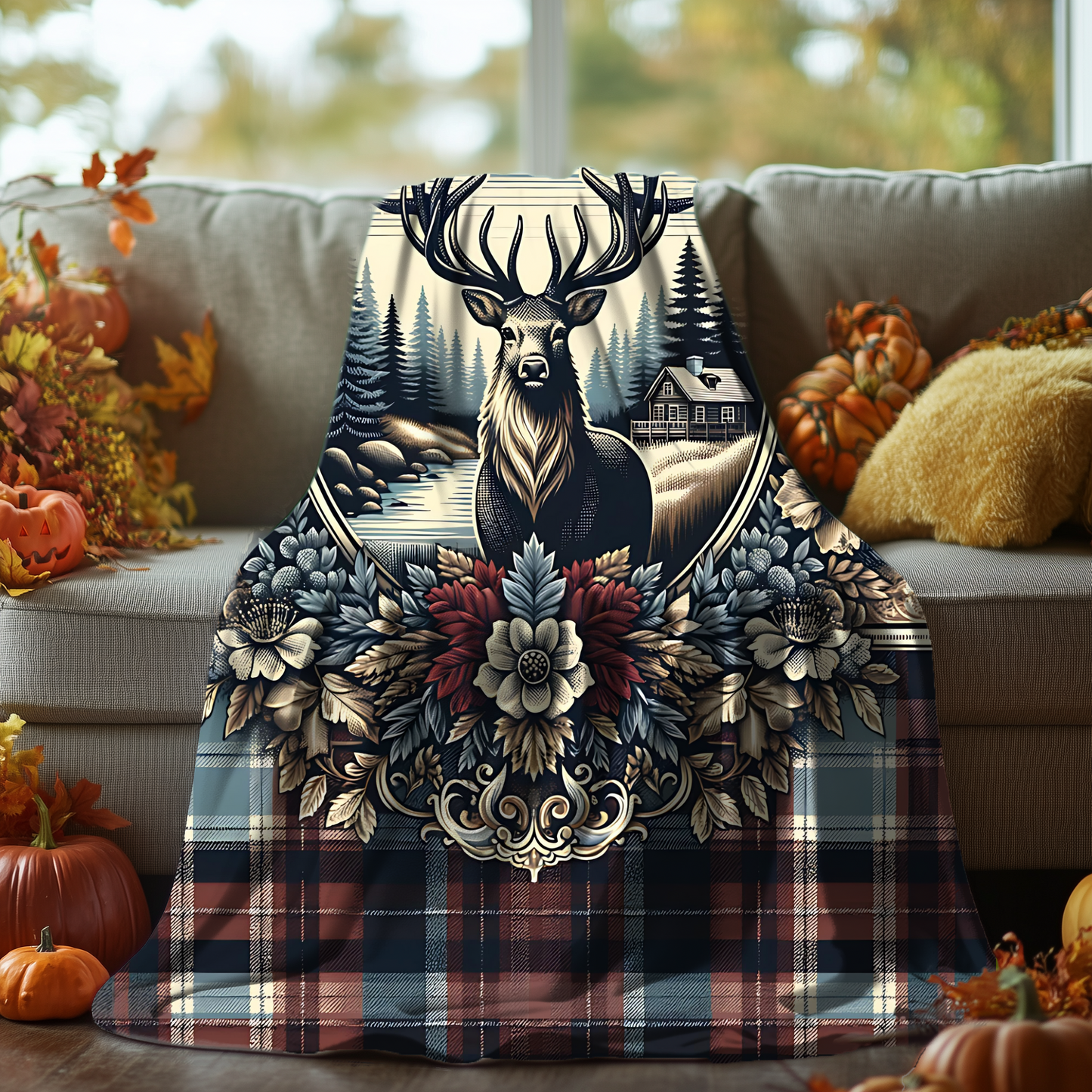 Rustic Plaid Deer Blanket – Cozy Cabin-Inspired Velveteen Throw, 50x60