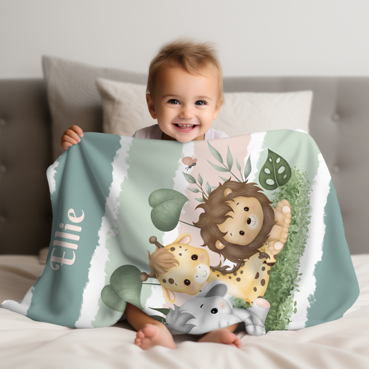 Personalized Jungle Baby Blanket – Custom Name Safari Blanket in Soft Green Tones