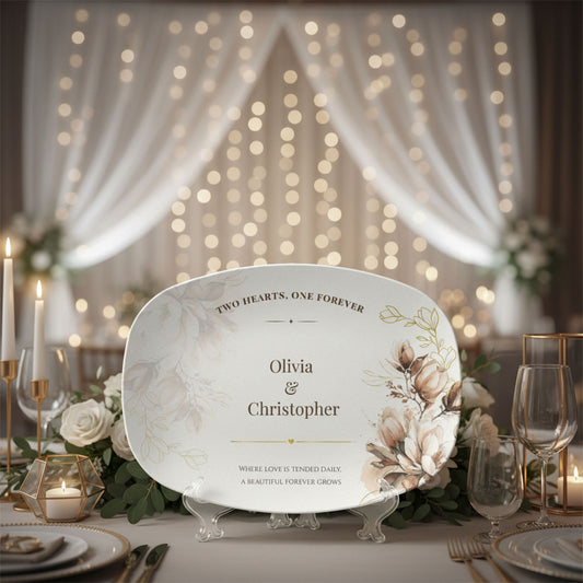 Custom Wedding Platter with Names & Date • Magnolia Floral Keepsake Plate • Elegant Personalized Wedding Gift for Couples